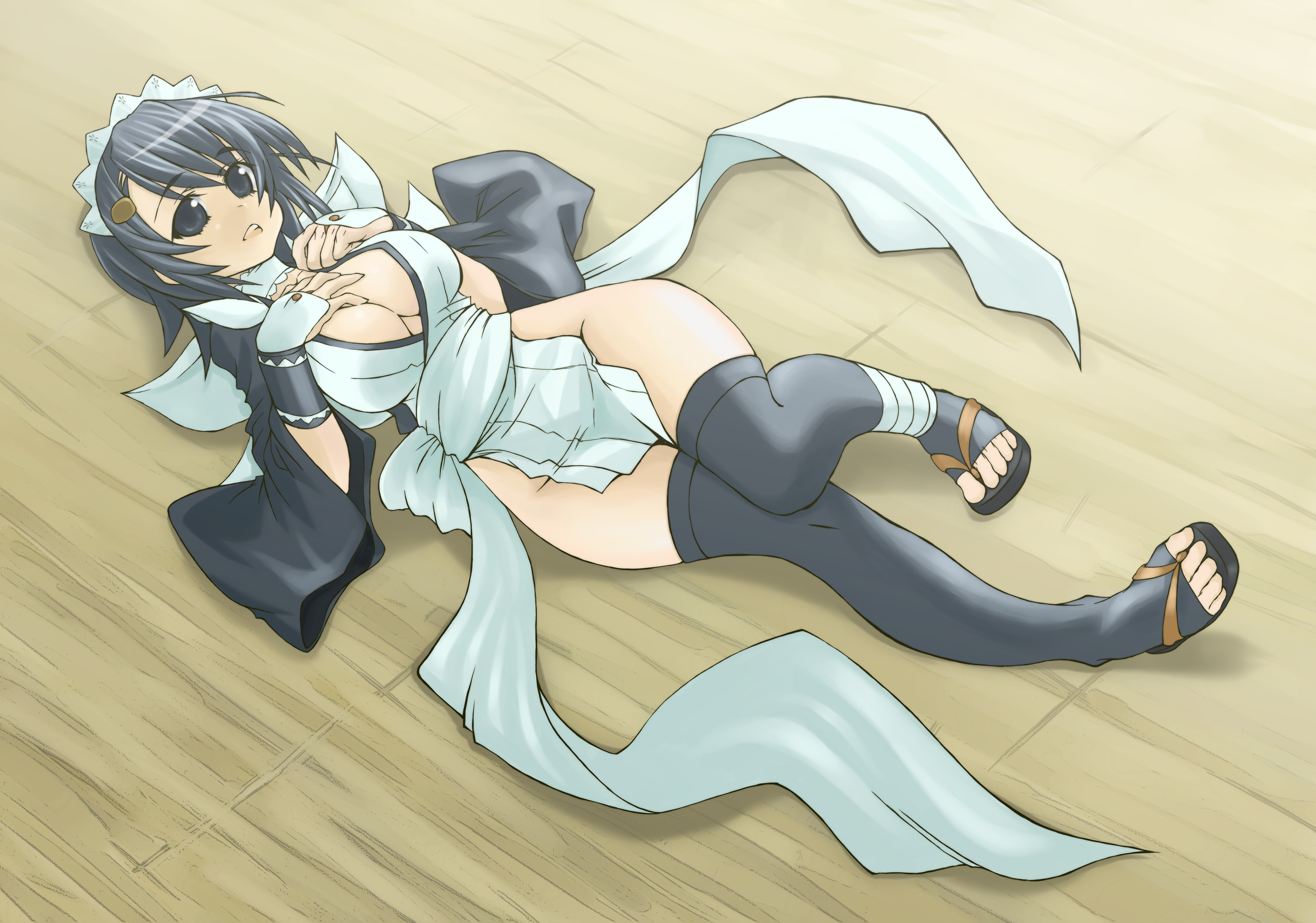 kanosamu, iroha (samurai spirits), samurai spirits, snk, highres, 1girl, black eyes, black hair, breasts, cleavage, female focus, hair ornament, japanese clothes, large breasts, lying, maid, open mouth, sandals, short hair, solo, thighhighs, toeless legwear, toes