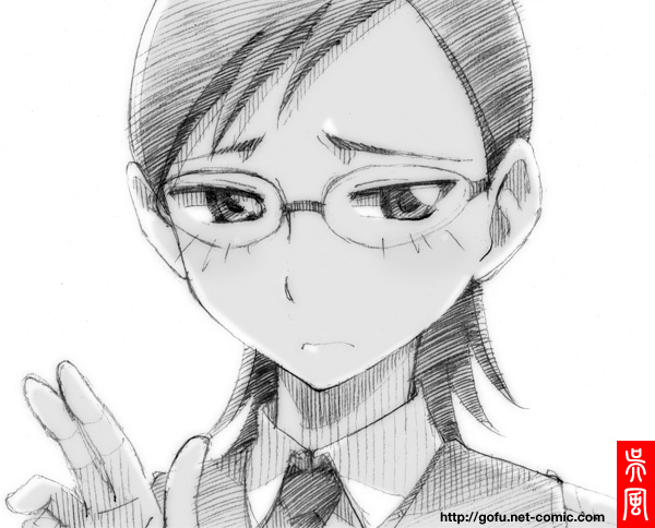 gofu, kotozuka fumie, sora no manimani, traditional media, 00s, glasses, greyscale, monochrome, sketch, solo