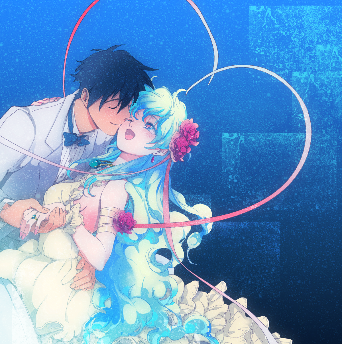 kanke (yonkuma), nia teppelin, simon (ttgl), tengen toppa gurren lagann, bad id, bad pixiv id, highres, 00s, 1boy, 1girl, :d, armband, blue hair, bow, bowtie, breasts, bride, closed eyes, couple, dress, earrings, fingernails, flower, formal clothes, frills, hair flower, hair ornament, heart, hetero, holding hands, hug, jewelry, kiss, long hair, multicolored hair, nail (hardware), nail polish, necklace, one eye closed, open mouth, pink nails, ring, short hair, sideboob, smile, traditional bowtie, tuxedo, very long hair, wedding dress, wink, wrist cuffs