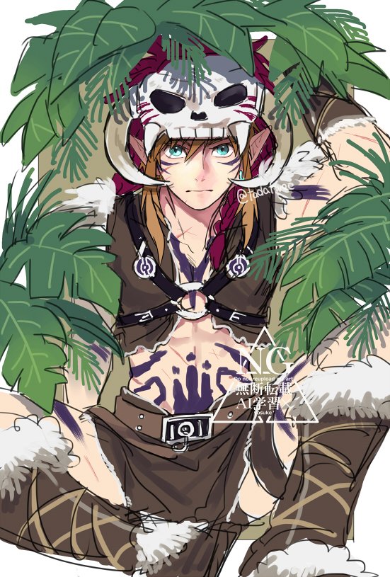 link, nintendo, the legend of zelda, the legend of zelda: breath of the wild, commentary request, 1boy, barbarian set (zelda), blonde hair, blue eyes, body markings, boots, closed mouth, cropped vest, fur-trimmed boots, fur-trimmed vest, fur trim, hair between eyes, leaf, leaf on head, male focus, medium hair, midriff, official alternate costume, pointy ears, sidelocks, sitting, skull on head, solo, tadatwee, twitter username, vest, white background