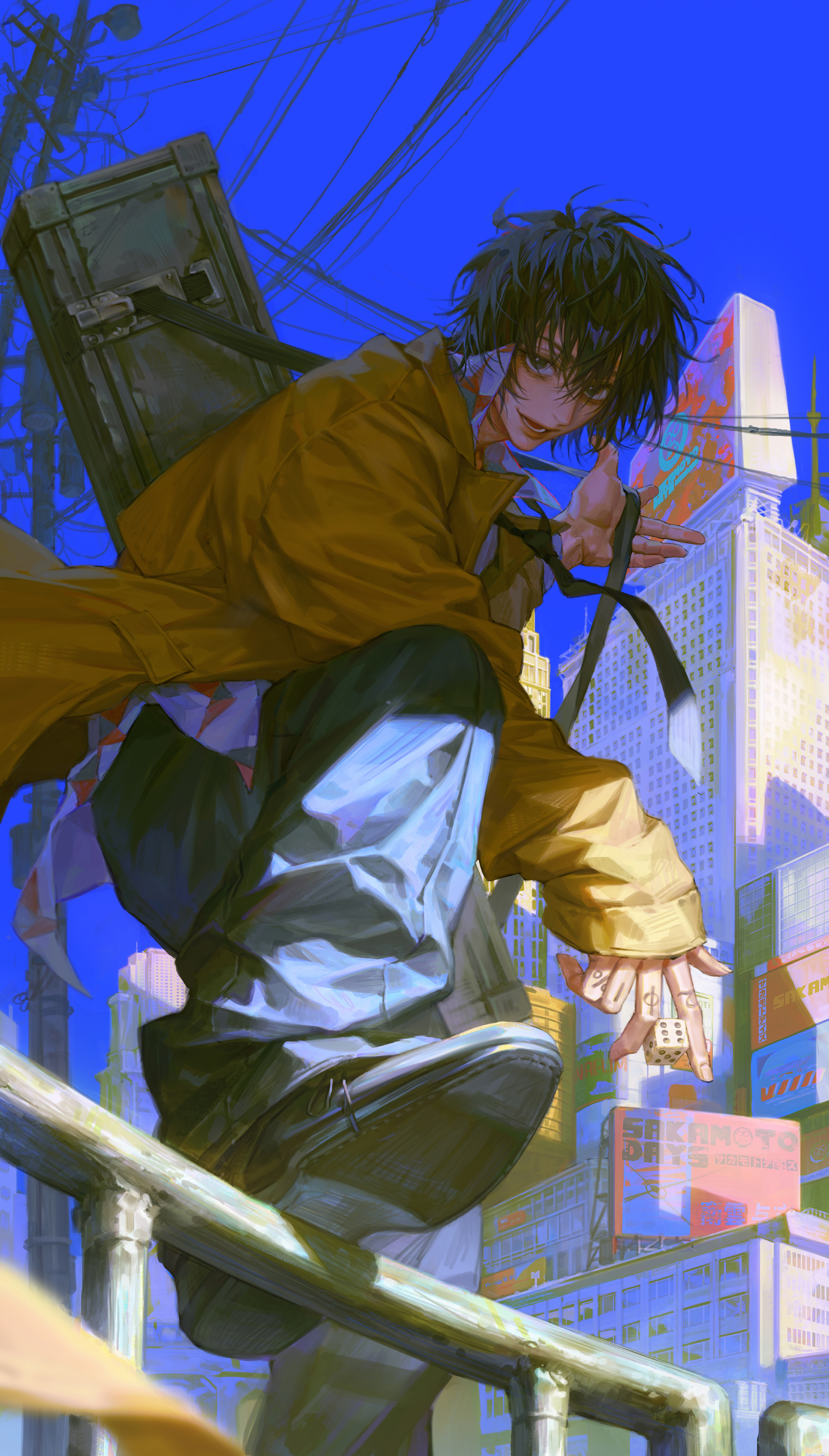 zero q 0q, nagumo (sakamoto days), sakamoto days, absurdres, commentary request, highres, korean commentary, 1boy, black eyes, black hair, black pants, black shoes, brown coat, building, coat, copyright name, dice, finger tattoo, from below, hair between eyes, holding, holding dice, looking at viewer, male focus, open mouth, pants, power lines, shoe soles, shoes, short hair, sky, solo, tattoo, teeth, utility pole