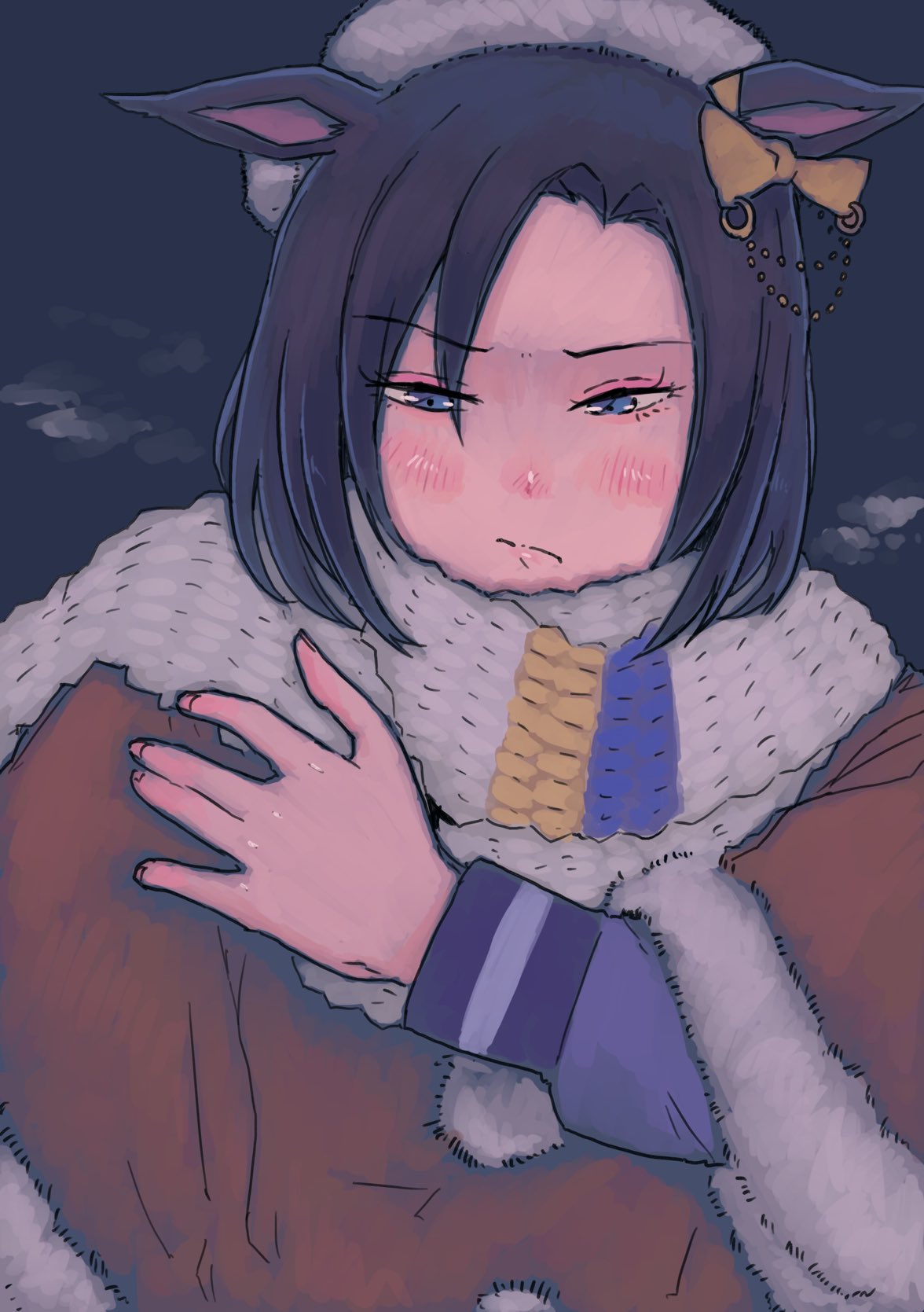 vent arbre, air groove (umamusume), umamusume, commentary, highres, symbol-only commentary, 1girl, animal ears, black hair, blue eyes, blush, bow, brown coat, coat, ear bow, ears down, fur coat, grey background, horse ears, horse girl, long sleeves, scarf, short hair, solo, upper body, white scarf, yellow bow