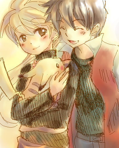 tachiuo, tachiuo (arines), chuchu (pokemon), pikachu, red (pokemon), yellow (pokemon), nintendo, pokemon, pokemon adventures, lowres, 1boy, 1girl, blonde hair, brown hair, closed eyes, couple, gen 1 pokemon, hetero, open mouth, pokemon (creature), ponytail, smile, vest