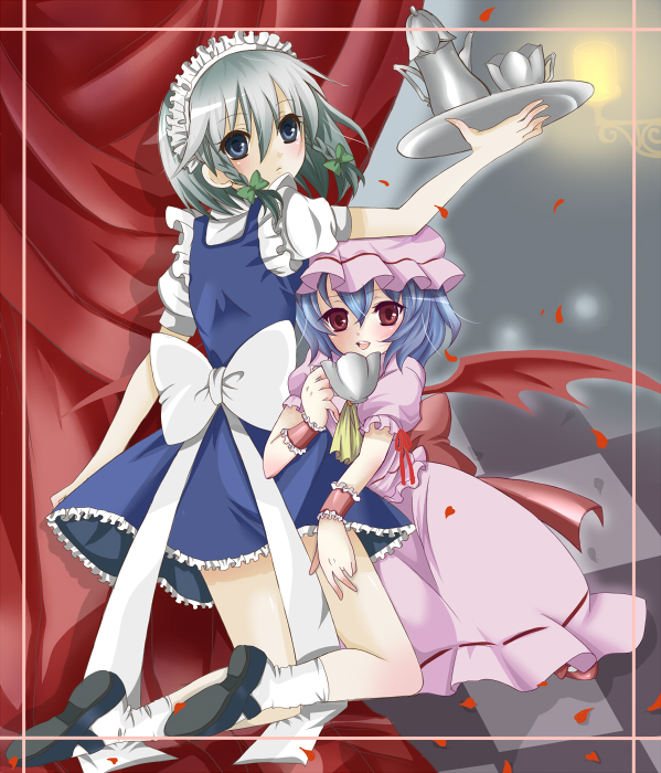 nekosugi (hoshi), izayoi sakuya, remilia scarlet, touhou, silver hair, bad id, bad pixiv id, 2girls, bat wings, blue eyes, blue hair, braid, cup, female focus, hat, multiple girls, petals, red eyes, short hair, teacup, teapot, tray, twin braids, wings
