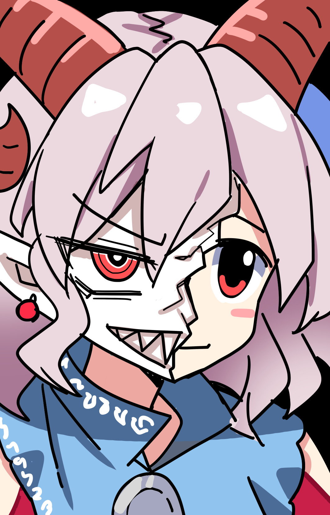 e.o., toutetsu yuuma, touhou, commentary request, highres, 1girl, black background, blue dress, cracked kawaii mask, cracked mask, dress, grey hair, horns, pointy ears, red eyes, red horns, sharp teeth, sheep horns, simple background, solo, teeth, upper body