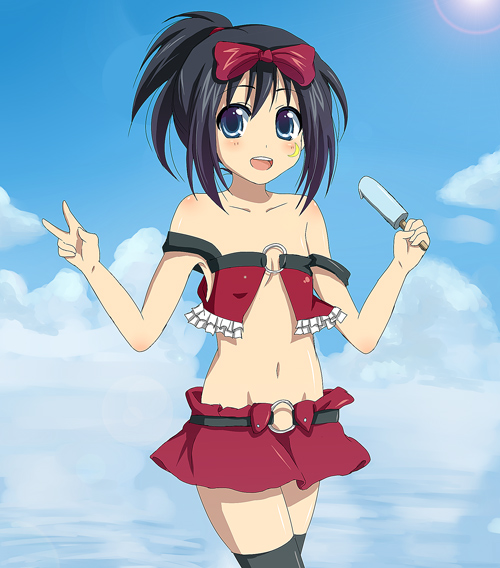 kunihiro hajime, saki (manga), 00s, 1girl, bare shoulders, black hair, blue eyes, bow, female focus, flapper shirt, flat chest, food, hair bow, midriff, miniskirt, moon, navel, ponytail, popsicle, revealing clothes, shirt, skirt, solo, strap slip, thighhighs, v, zettai ryouiki