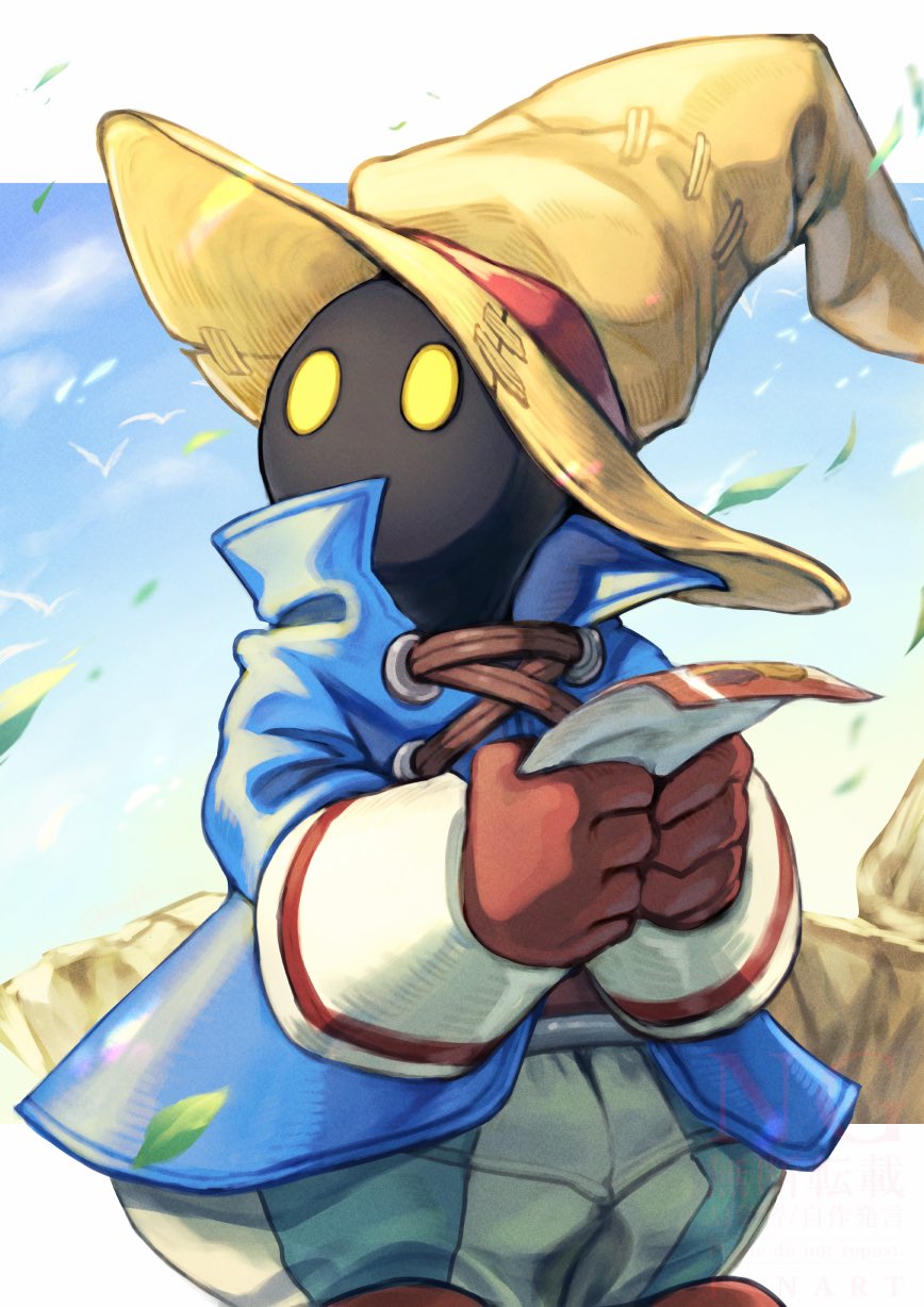 hanada nadako, black mage (final fantasy), vivi ornitier, final fantasy, final fantasy ix, commentary request, highres, 1boy, blue coat, brown gloves, brown shoes, coat, gloves, hat, holding, looking to the side, male focus, multicolored pants, pants, shoes, solo, standing, wind, witch hat, yellow eyes, yellow hat