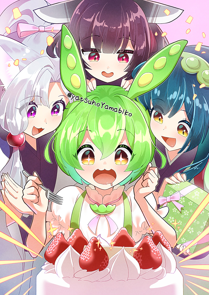 yatsuho yamabiko, touhoku itako, touhoku kiritan, touhoku zunko, zundamon, voiceroid, voicevox, commentary request, 4girls, :3, birthday, blue hair, brown hair, cake, food, fork, fruit, gift, green hair, grey hair, headgear, holding, holding fork, long hair, multiple girls, open mouth, pea pod, pink background, purple eyes, red eyes, shirt, short hair, smile, strawberry, suspenders, upper body, white shirt, yellow eyes