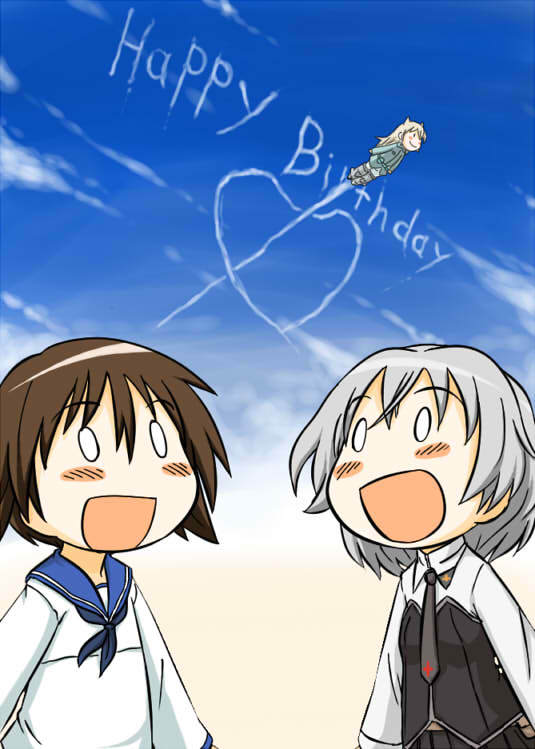 takanaga kouhei, eila ilmatar juutilainen, miyafuji yoshika, sanya v. litvyak, strike witches, world witches series, silver hair, 00s, 3girls, :d, animal ears, blonde hair, blush, brown hair, chibi, cloud, day, long hair, multiple girls, necktie, o o, open mouth, pantyhose, school uniform, short hair, sky, smile, striker unit, white pantyhose