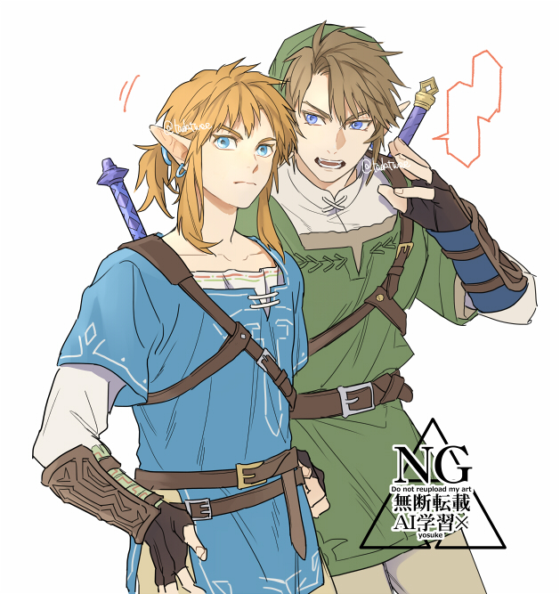 link, nintendo, the legend of zelda, the legend of zelda: breath of the wild, the legend of zelda: twilight princess, commentary request, 2boys, armor, belt, black gloves, blonde hair, blue eyes, blue tunic, brown belt, closed mouth, cowboy shot, earrings, fingerless gloves, furrowed brow, gloves, green hat, green tunic, grey pants, hair between eyes, hair tie, hands on own hips, hat, jewelry, leather armor, male focus, master sword, multiple boys, open mouth, pants, parted bangs, phrygian cap, pointy ears, ponytail, shirt, short hair, short ponytail, sidelocks, sword, sword on back, tadatwee, tunic, twitter username, vambraces, weapon, weapon on back, white background, white shirt