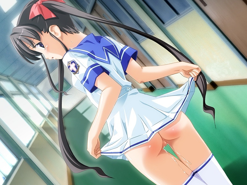 kuuchuu yousai, jinno hikari, makai tenshi djibril, makai tenshi djibril 2, game cg, 1girl, ass, black hair, blue eyes, blush, bottomless, censored, clothes lift, dress, dress lift, dutch angle, female focus, flat chest, from behind, hair ribbon, hallway, long hair, looking back, mosaic censoring, no panties, open mouth, pussy, pussy juice, ribbon, school, school uniform, solo, standing, thigh gap, thighhighs, twintails, very long hair, white thighhighs, window