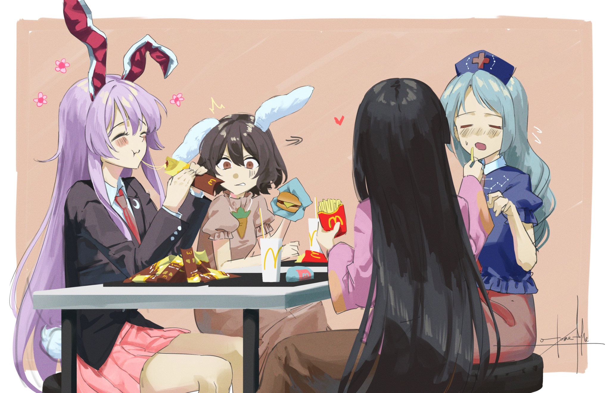 otomeza ryuseigun, houraisan kaguya, inaba tewi, reisen udongein inaba, yagokoro eirin, mcdonald's, touhou, commentary request, highres, 4girls, :t, animal ears, black hair, blazer, blue shirt, brown dress, brown skirt, burger, carrot necklace, cheese, cheese trail, closed eyes, collared shirt, cowboy shot, crescent, crescent pin, cup, disposable cup, dress, eating, fast food, feeding, floppy ears, food, french fries, grey hair, hat, holding, holding burger, holding food, jacket, jewelry, long hair, long sleeves, looking at another, multiple girls, necklace, necktie, nurse cap, open mouth, pink shirt, pink skirt, pleated skirt, puffy short sleeves, puffy sleeves, purple hair, rabbit ears, rabbit girl, rabbit tail, red necktie, red skirt, shirt, short hair, short sleeves, sitting, skirt, table, tail, very long hair, white shirt