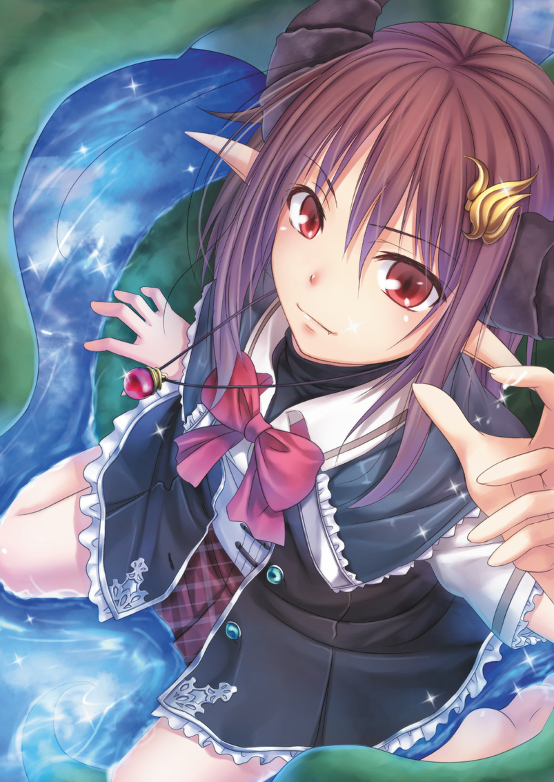 chobipero, raising heart, raising heart (standby mode), lyrical nanoha, mahou shoujo lyrical nanoha, original, 00s, 1girl, barefoot, brown hair, demon girl, fang, female focus, from above, horns, jewelry, long hair, pendant, pointy ears, red eyes, solo, water