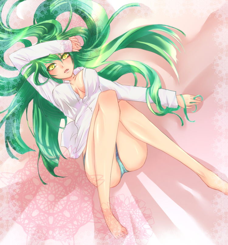 hinariaoba, c.c., code geass, bad id, bad pixiv id, 00s, 1girl, ass, barefoot, female focus, green hair, long hair, lying, open clothes, open shirt, panties, shirt, solo, underwear, yellow eyes
