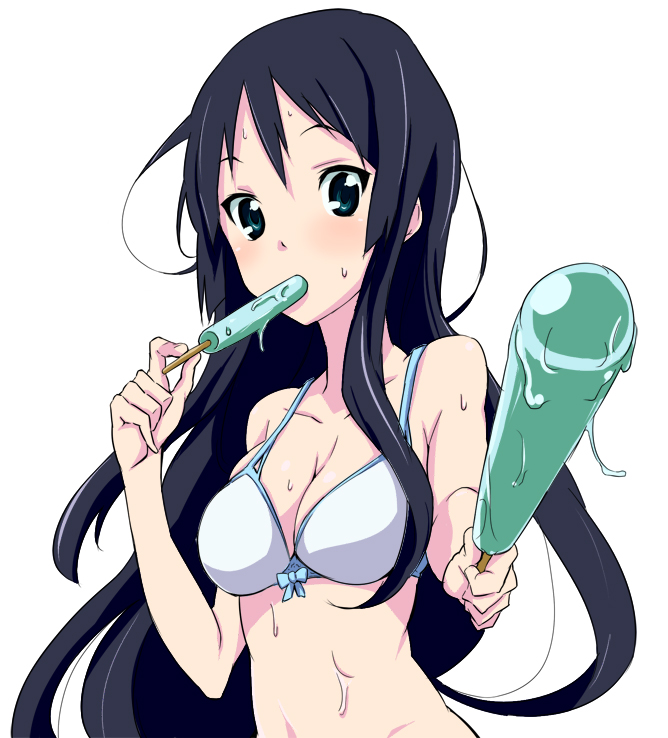 toru k, akiyama mio, k-on!, bad id, bad pixiv id, 00s, 1girl, bikini, breasts, cleavage, female focus, food, medium breasts, popsicle, solo, swimsuit, white bikini