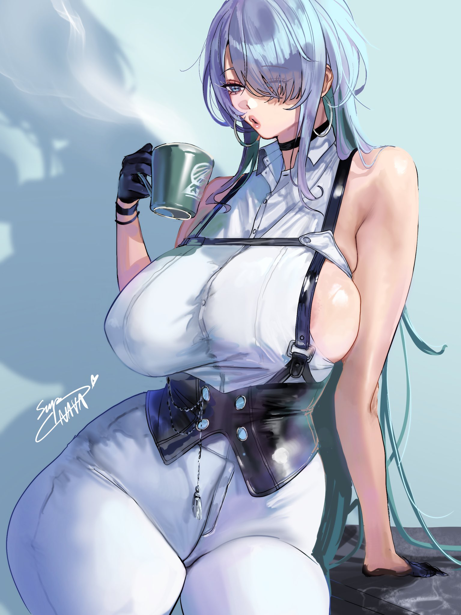 brid (nikke), brid (silent track) (nikke), goddess of victory: nikke, commentary request, highres, 1girl, areola slip, arm support, backless shirt, bare shoulders, black choker, black corset, black gloves, blue eyes, breasts, chest harness, choker, collared shirt, colored inner hair, corset, cowboy shot, cup, earrings, floating earrings, gloves, hair between eyes, hair over one eye, half gloves, harness, holding, holding cup, jewelry, large breasts, long hair, mug, multicolored hair, nava (supernava), pants, parted lips, shadow, shirt, sideboob, sideless shirt, sidelocks, signature, sleeveless, sleeveless shirt, solo, standing, thick thighs, thighs, tight clothes, tight pants, white hair, white pants, white shirt