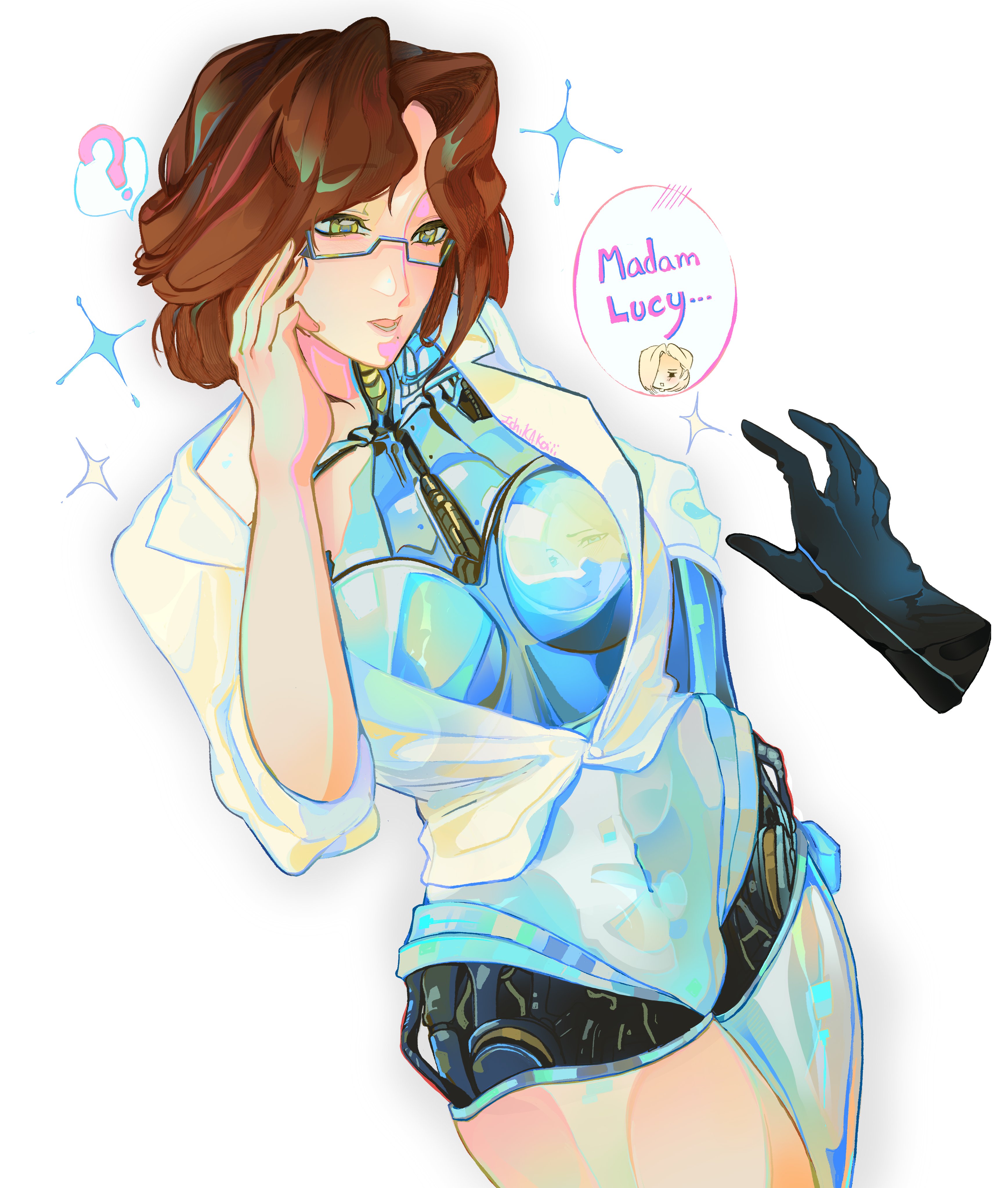 lucy (reverse:1999), simone (reverse:1999), reverse:1999, absurdres, commentary, english commentary, highres, 2girls, ?, adjusting eyewear, android, breasts, brown hair, disembodied hand, english text, glasses, hand on eyewear, joints, koiii (ichikakoiii), large breasts, metal skin, multiple girls, robot girl, robot joints, shirt, short hair, solo focus, sparkle, speech bubble, spoken character, white background, white shirt, yellow eyes