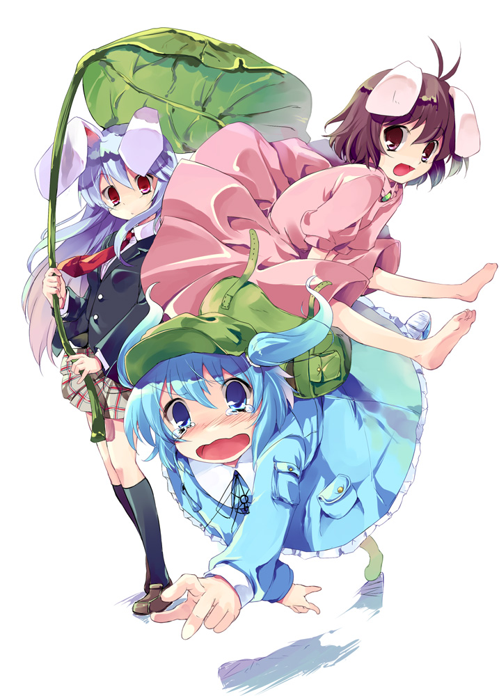 takatsuki tsukasa, inaba tewi, kawashiro nitori, reisen udongein inaba, touhou, bad id, bad pixiv id, 3girls, animal ears, backpack, bag, barefoot, blazer, blue eyes, blue hair, brown hair, feet, female focus, hat, jacket, leaf umbrella, long hair, multiple girls, necktie, purple hair, rabbit ears, randoseru, red eyes, short hair, skirt, tears, twintails, two side up