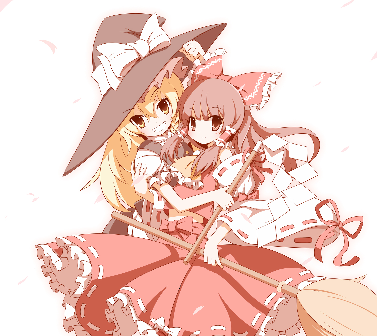 miko machi, hakurei reimu, kirisame marisa, touhou, highres, md5 mismatch, resolution mismatch, source larger, 2girls, blonde hair, bow, braid, broom, brown hair, detached sleeves, female focus, gohei, hat, japanese clothes, long hair, miko, multiple girls, red eyes, witch, witch hat, yellow eyes