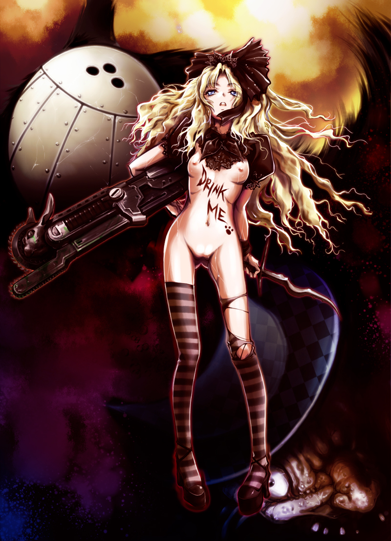 nekonpo, ueda metawo, alice (alice in wonderland), mad hatter (alice in wonderland), alice's adventures in wonderland, 1girl, blonde hair, blue eyes, body writing, bottomless, bow, breastless clothes, breasts, chainsaw, crotchless, dark, dual wielding, female focus, flat chest, hair bow, high heels, holding, legs, long hair, navel, open mouth, pussy, ribs, shoes, solo, striped clothes, striped thighhighs, sunset, sweat, sword, thighhighs, torn clothes, torn thighhighs, very long hair, weapon