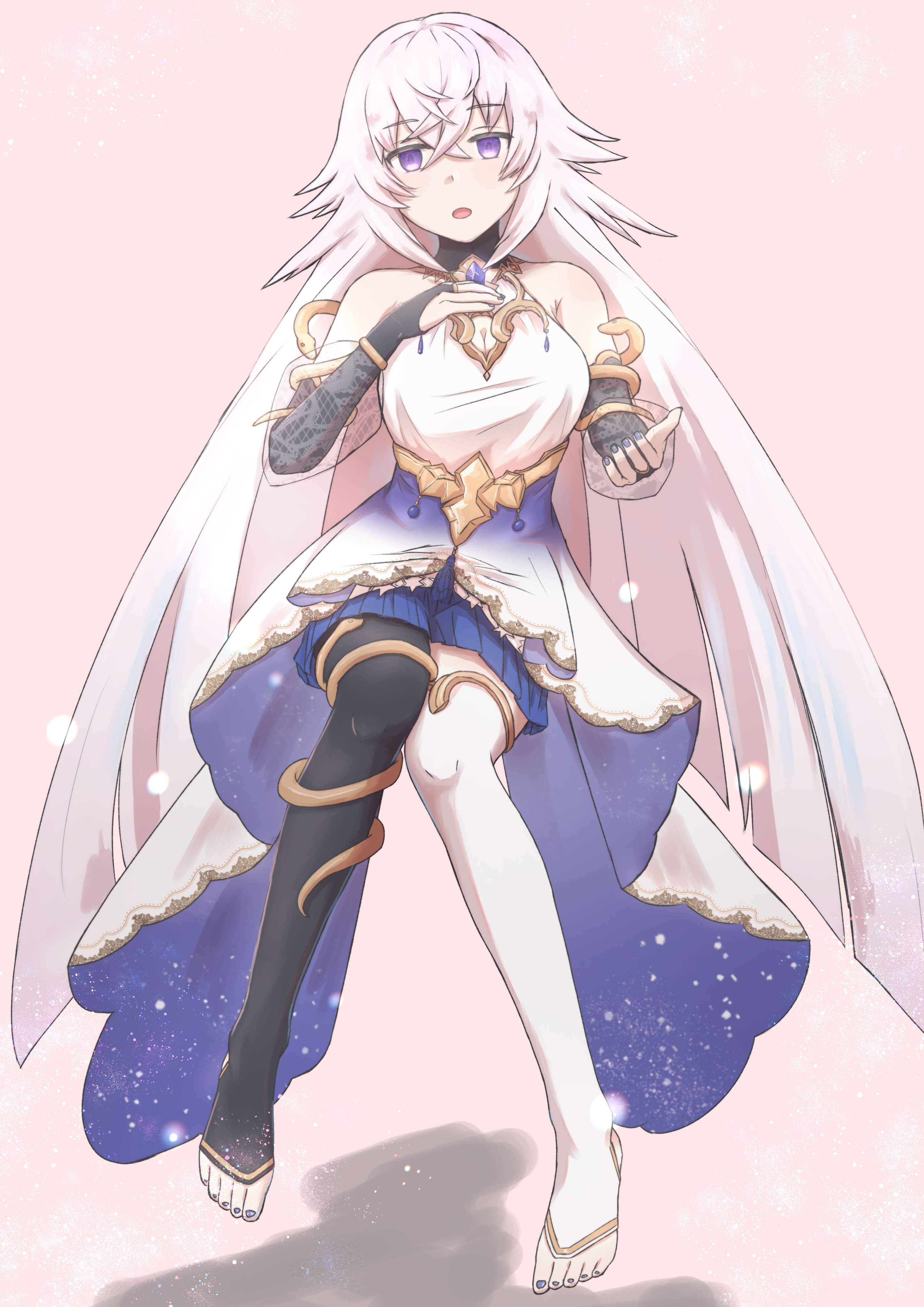 haromiki, magic mirror (grimms notes), grimms notes, 1girl, bare shoulders, black bridal gauntlets, blue skirt, breasts, bridal gauntlets, cleavage, cleavage cutout, clothing cutout, full body, long hair, looking at viewer, parted lips, purple eyes, purple hair, skirt, very long hair