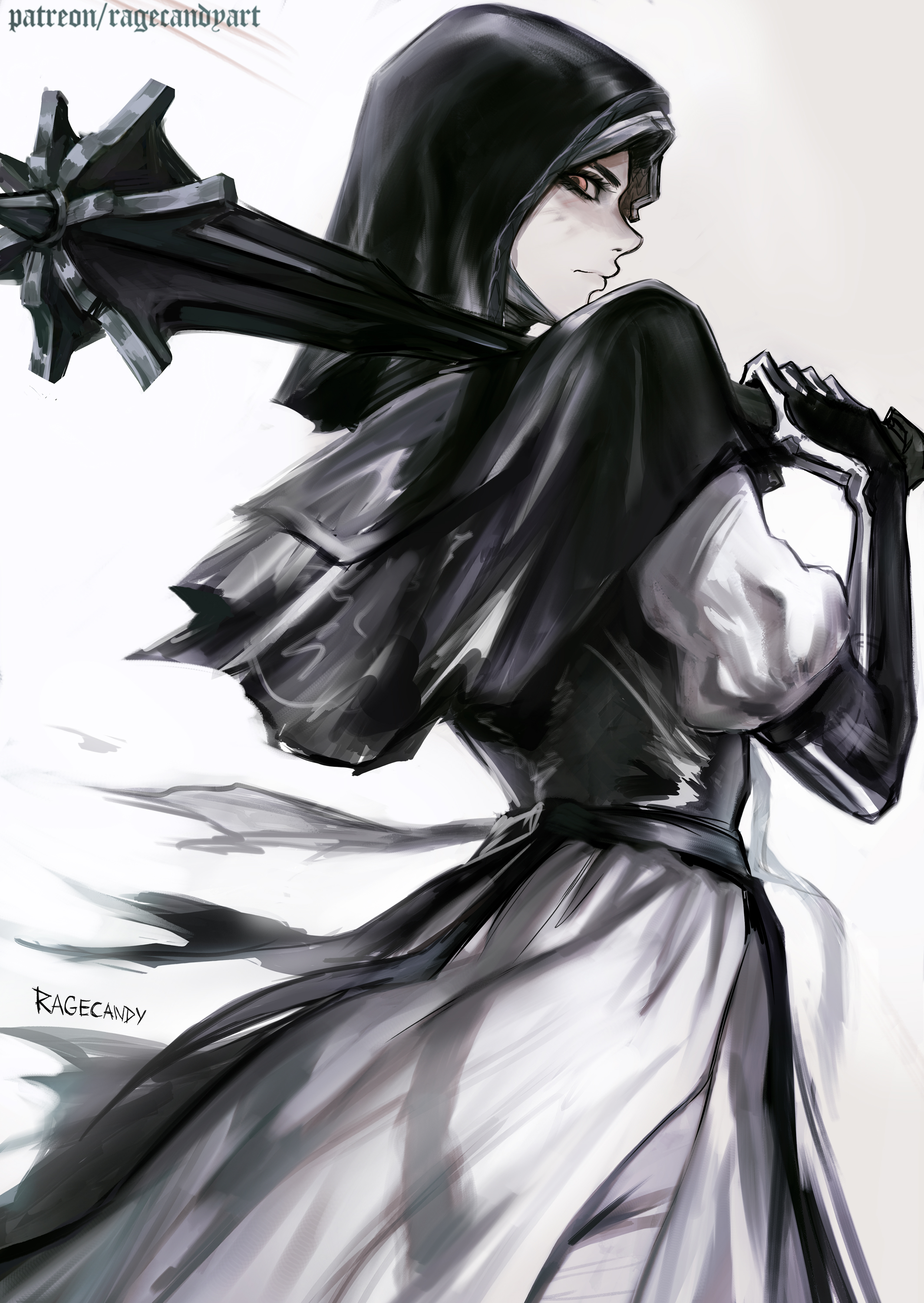 ragecndy, undertaker (elden ring), elden ring, elden ring nightreign, absurdres, commentary, english commentary, highres, 1girl, black capelet, black gloves, black hood, capelet, cowboy shot, dress, flanged mace, from behind, gloves, mace, over shoulder, patreon username, puffy sleeves, signature, solo, torn clothes, weapon, weapon over shoulder, white background, white coif, white dress, yellow eyes