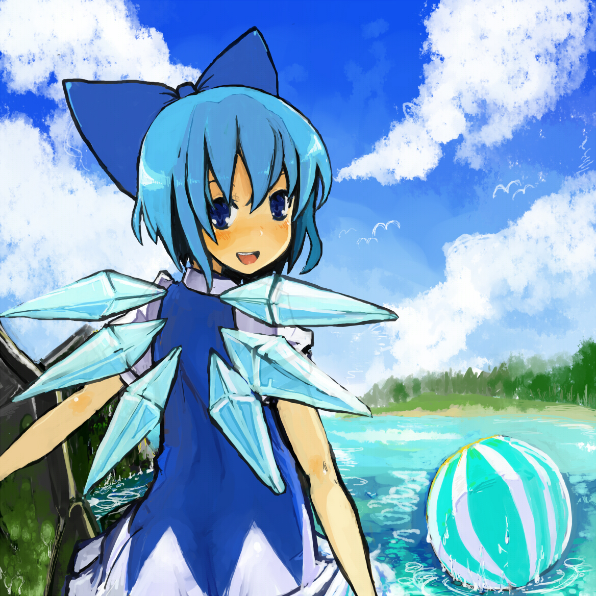 sottan, cirno, embodiment of scarlet devil, touhou, bad id, bad pixiv id, ball, beachball, solo, water, wings