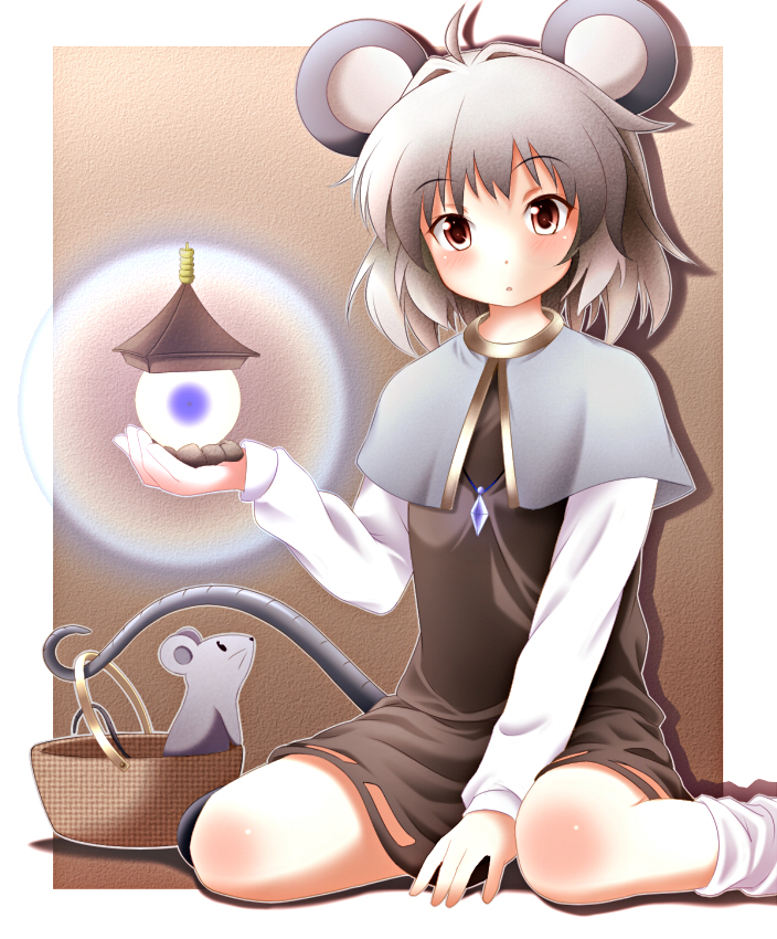 sui. (ayase), nazrin, touhou, 1girl, animal ears, basket, bishamonten's pagoda, female focus, grey hair, jewelry, mouse (animal), mouse ears, mouse tail, pendant, red eyes, short hair, sitting, solo, tail, wariza