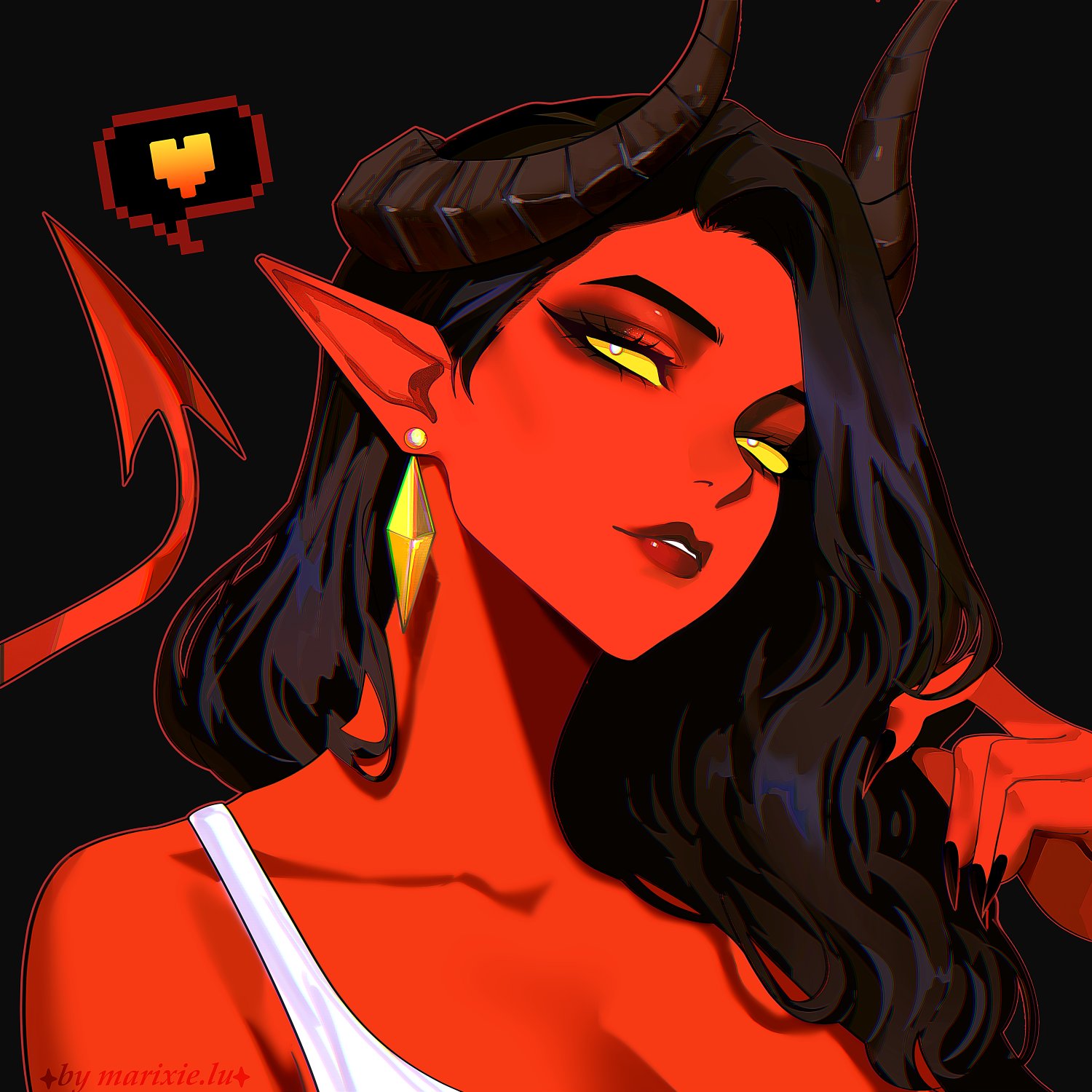 malevola (dispatch), dispatch, hashtag-only commentary, highres, 1girl, black background, black hair, black horns, colored skin, demon girl, fingernails, heart, horns, long fingernails, long hair, looking at viewer, marixielumos, pointy ears, portrait, red skin, simple background, solid eyes, speech bubble, yellow eyes