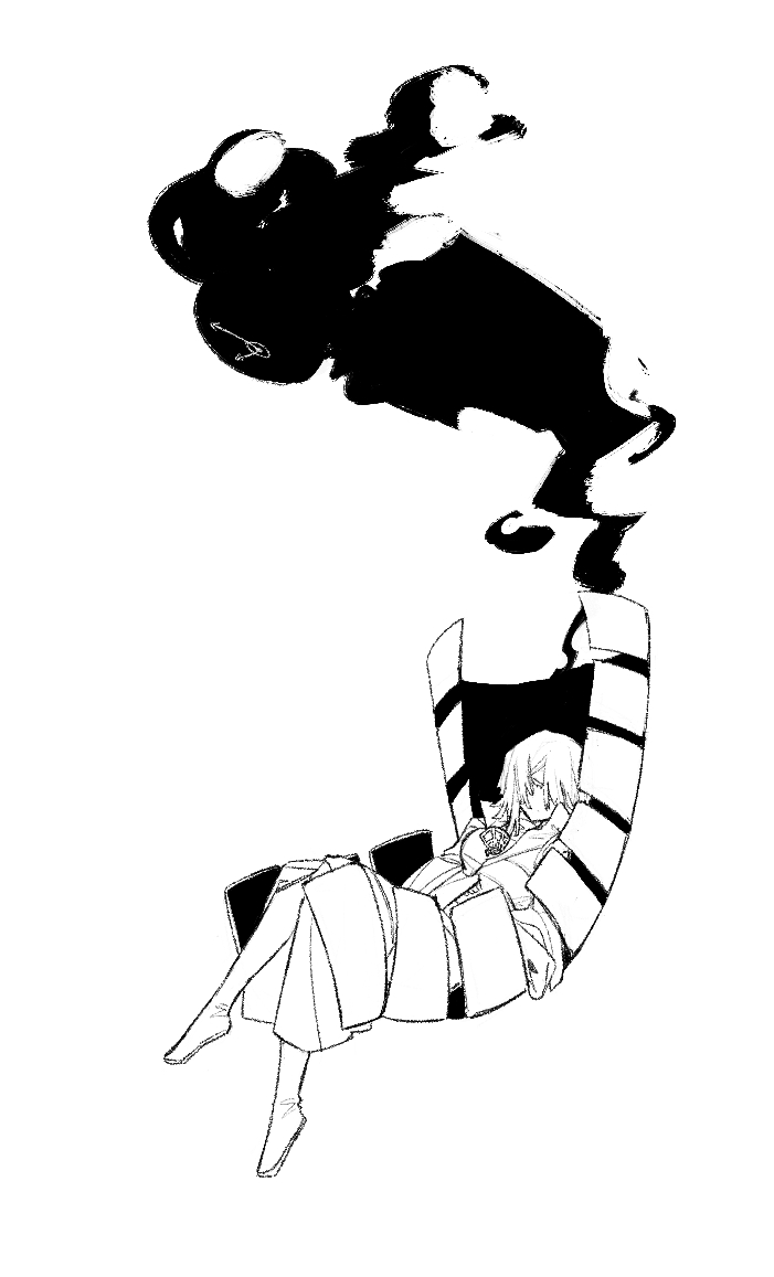 ivy (675671), dante (limbus company), faust (project moon), limbus company, project moon, commentary, symbol-only commentary, 1girl, 1other, clock, coat, crossed legs, dated commentary, e.g.o (project moon), greyscale, kishimen hair, mask, monochrome, object head, respirator, short hair, simple background, sitting, smoke, thoracalgia (e.g.o)