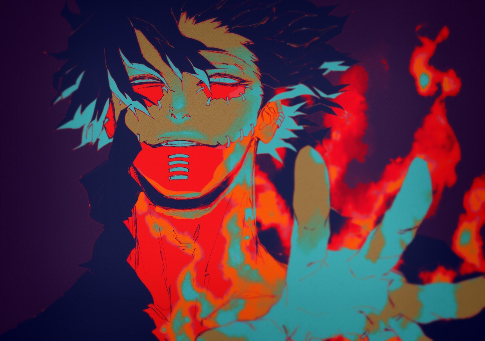 shigeru (shigeru no ttt), dabi (boku no hero academia), boku no hero academia, commentary request, highres, 1boy, black hair, burn scar, fire, floating hair, looking at viewer, male focus, outstretched hand, parted lips, scar, short hair, simple background, smile, solo, stitched face, stitches