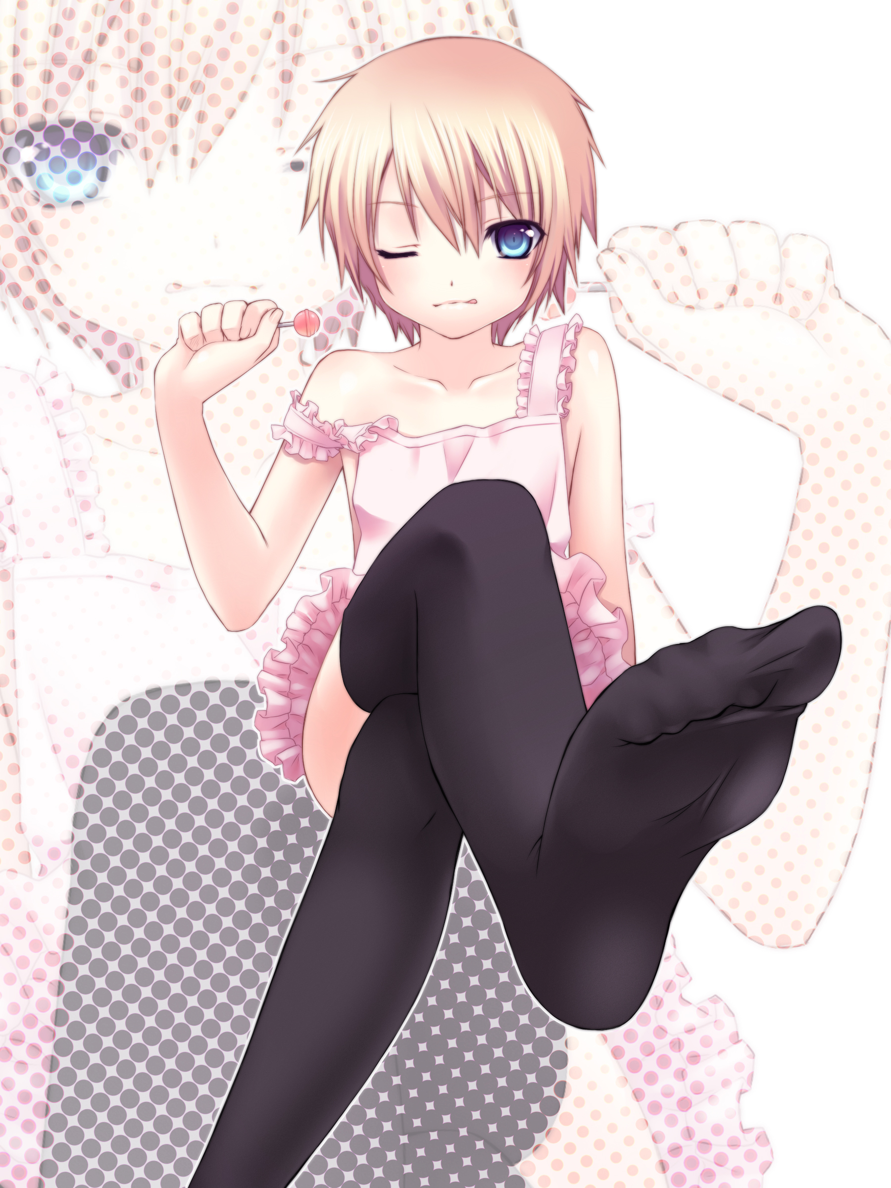 nana mikoto, original, absurdres, bad id, bad pixiv id, highres, 1boy, apron, blonde hair, blue eyes, candy, crossdressing, crossdressing (mtf), crossed legs, feet, food, foot focus, foreshortening, legs, licking lips, lollipop, looking at viewer, male focus, naked apron, one eye closed, polka dot, short hair, sitting, soles, solo, strap slip, thighhighs, tongue, tongue out, trap, wink, zoom layer