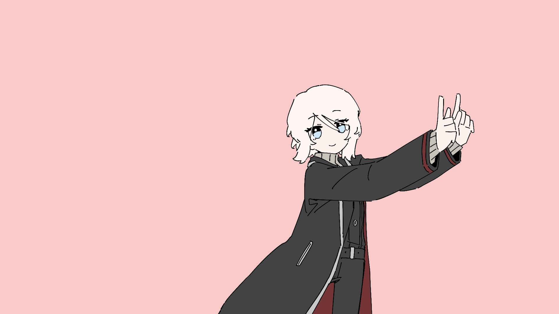 ivy (675671), faust (project moon), limbus company, project moon, science (synthesizer v), highres, 1girl, 3774. (style), black coat, black pants, black vest, blue eyes, brown sweater, closed mouth, coat, cowboy shot, hands up, index finger raised, long sleeves, pants, ribbed sweater, short hair, smile, solo, sweater, turtleneck, turtleneck sweater, vest, white hair