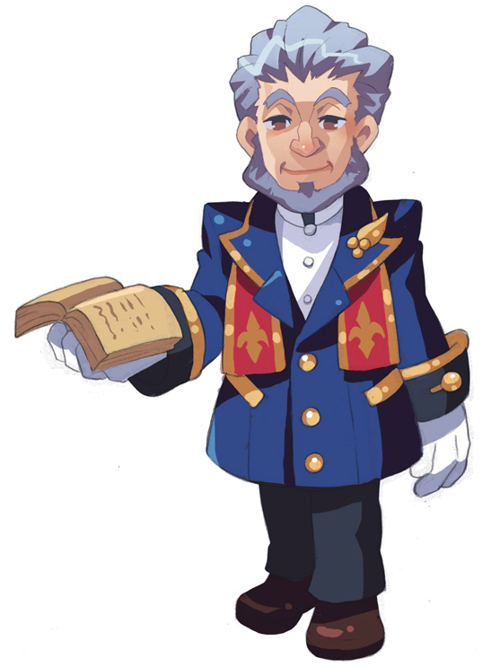 bf. (sogogiching), asgard, nexon, commentary, official art, second-party source, 1boy, arm at side, beard, black pants, blue coat, blue sleeves, book, brown eyes, brown shoes, buttons, clerical collar, closed mouth, coat, facial hair, father joseph, full body, gloves, gold buttons, grey facial hair, grey hair, holding, holding book, lapels, legs together, long sleeves, looking at viewer, lowered eyelids, male focus, old, old man, open book, pants, peaked lapels, pocket, priest, shirt, shoes, shoulder pads, simple background, smile, solo, standing, stole, thick eyebrows, undershirt, white background, white gloves, white shirt