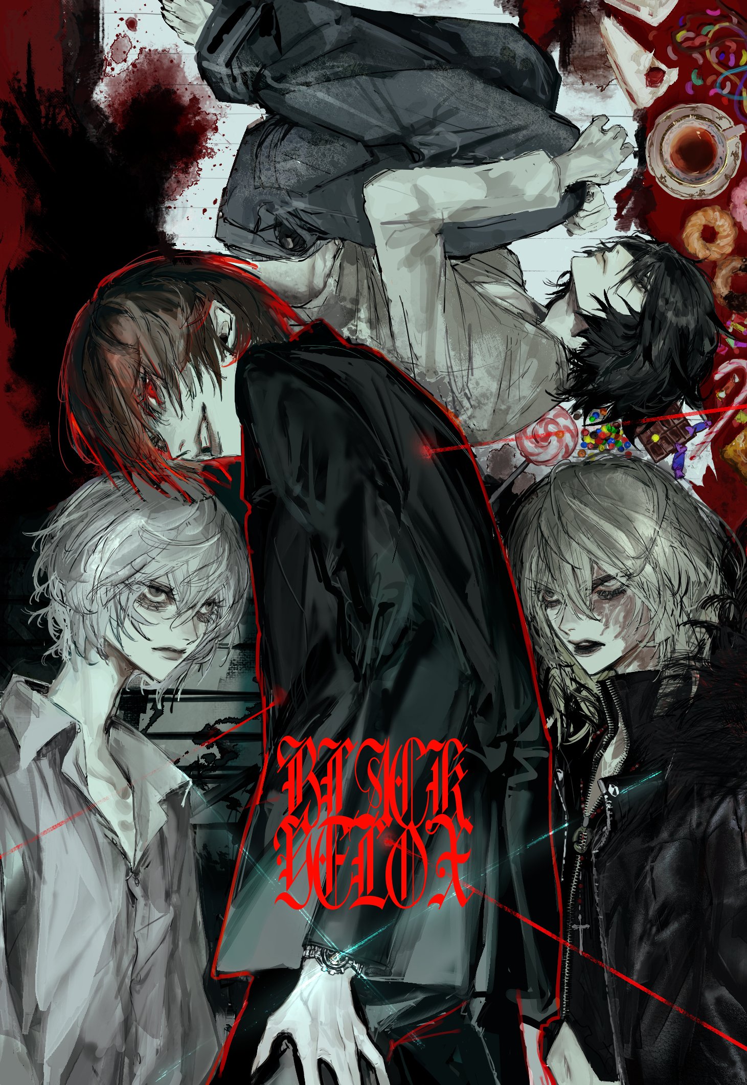 blackvelox, l (death note), mello (death note), near (death note), yagami light, death note, hashtag-only commentary, highres, 4boys, barefoot, black hair, black jacket, black vest, blonde hair, brown hair, collared shirt, facial scar, grey hair, grey pants, hair between eyes, hugging own legs, jacket, male focus, midriff, multiple boys, pants, parted lips, red eyes, scar, scar across eye, scar on cheek, scar on face, shirt, short hair, smile, sparkle, suit jacket, upper body, vest, watch, white shirt, wristwatch