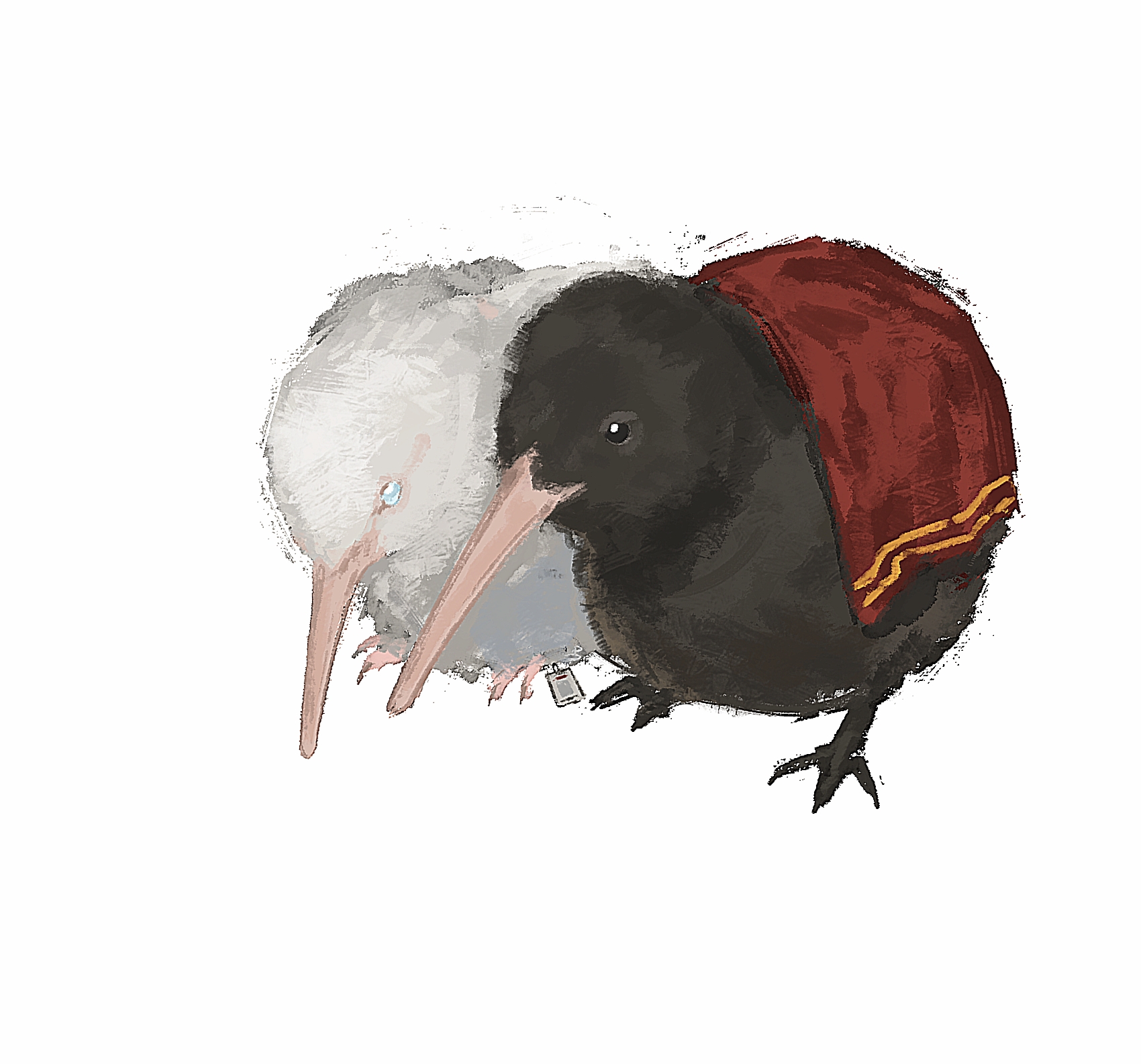 ivy (675671), dante (limbus company), faust (project moon), limbus company, project moon, highres, animal focus, animalization, bird, black eyes, blue eyes, coat, coat on shoulders, id card, kiwi (bird), red coat, simple background, white background