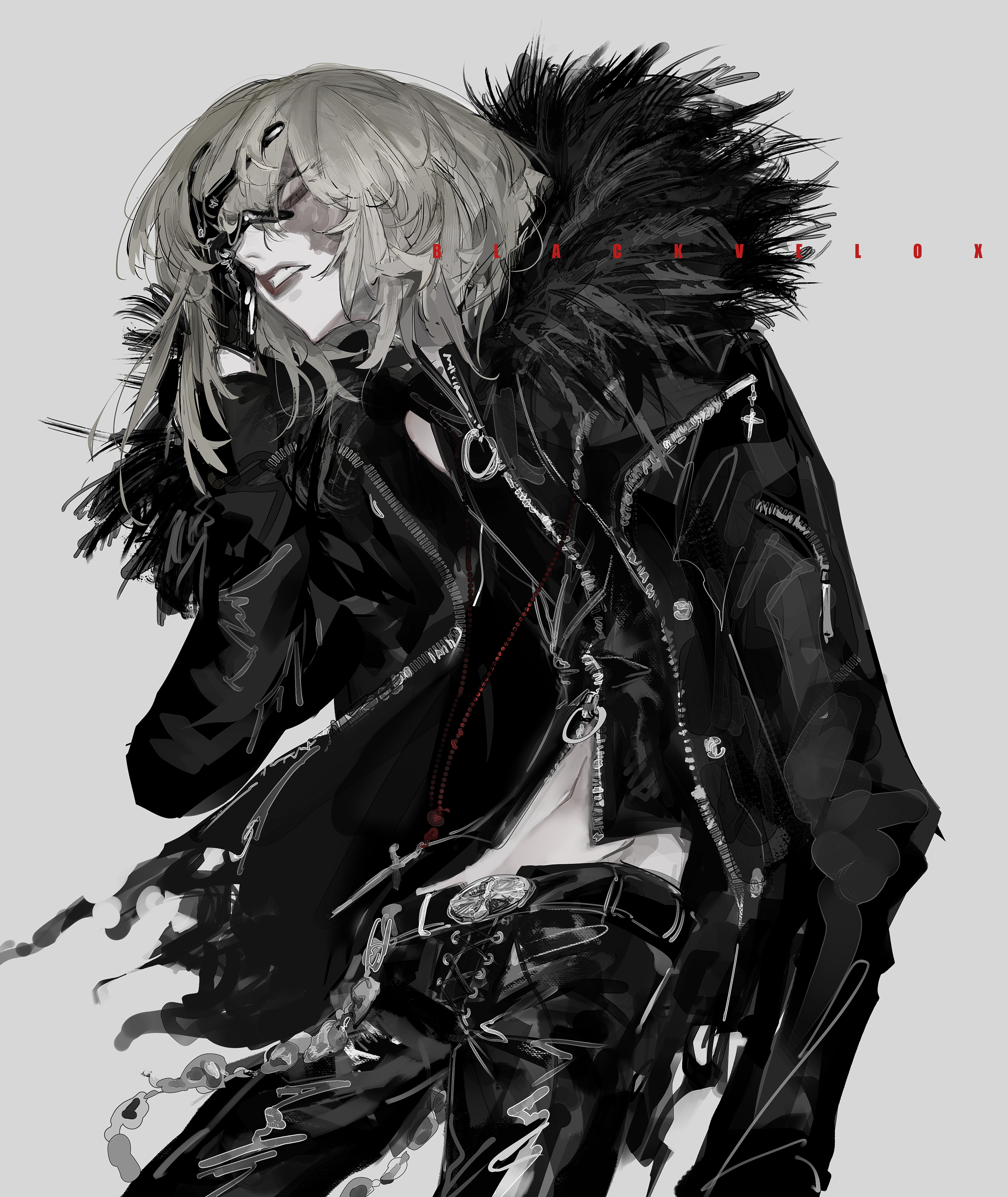 blackvelox, mello (death note), death note, absurdres, hashtag-only commentary, highres, 1boy, artist name, black gloves, black jacket, black pants, black vest, clenched teeth, cowboy shot, facial scar, fur-trimmed jacket, fur trim, gloves, grey background, grey hair, hair between eyes, hand in own hair, jacket, leather, leather jacket, looking at viewer, male focus, medium hair, midriff, pants, parted lips, scar, scar across eye, scar on cheek, scar on face, solo, teeth, vest, zipper pull tab