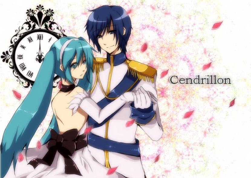 kazenagi hikari, hatsune miku, kaito (vocaloid), cendrillon (vocaloid), vocaloid, 1boy, 1girl, aqua eyes, aqua hair, blue eyes, blue hair, clock, couple, dress, elbow gloves, gloves, hairband, hetero, holding hands, long hair, petals, twintails, very long hair, white dress
