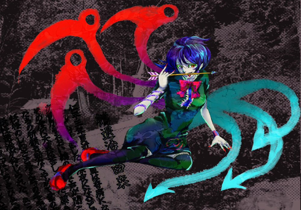 houjuu nue, touhou, spoilers, 1girl, arrow (projectile), blue hair, dress, female focus, full body, heterochromia, licking, ribbon, short hair, solo, thighhighs, wings
