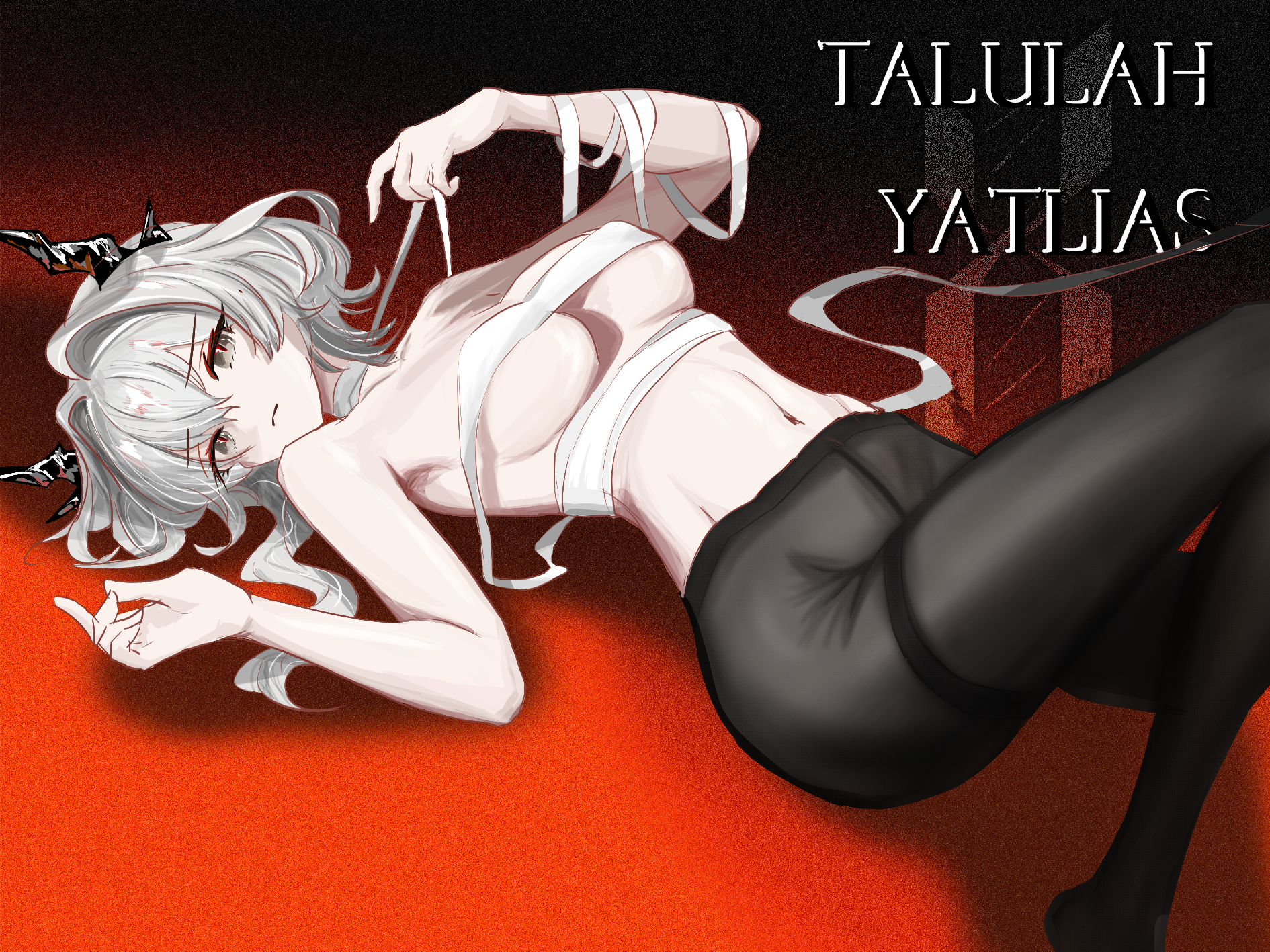 talulah (arknights), arknights, commentary, highres, 1girl, ampatit, arched back, armpits, bare arms, bare shoulders, black horns, black pantyhose, breasts, budget sarashi, character name, chest sarashi, closed mouth, covered erect nipples, dragon girl, dragon horns, eyelashes, foot out of frame, grey eyes, grey hair, groin, hair between eyes, hair intakes, hands up, horns, looking at viewer, lying, medium breasts, medium hair, midriff, navel, no panties, no pants, on back, pantyhose, raised inner eyebrows, red background, sarashi, see-through pantyhose, slit pupils, solo, thighband pantyhose, thighs, underboob