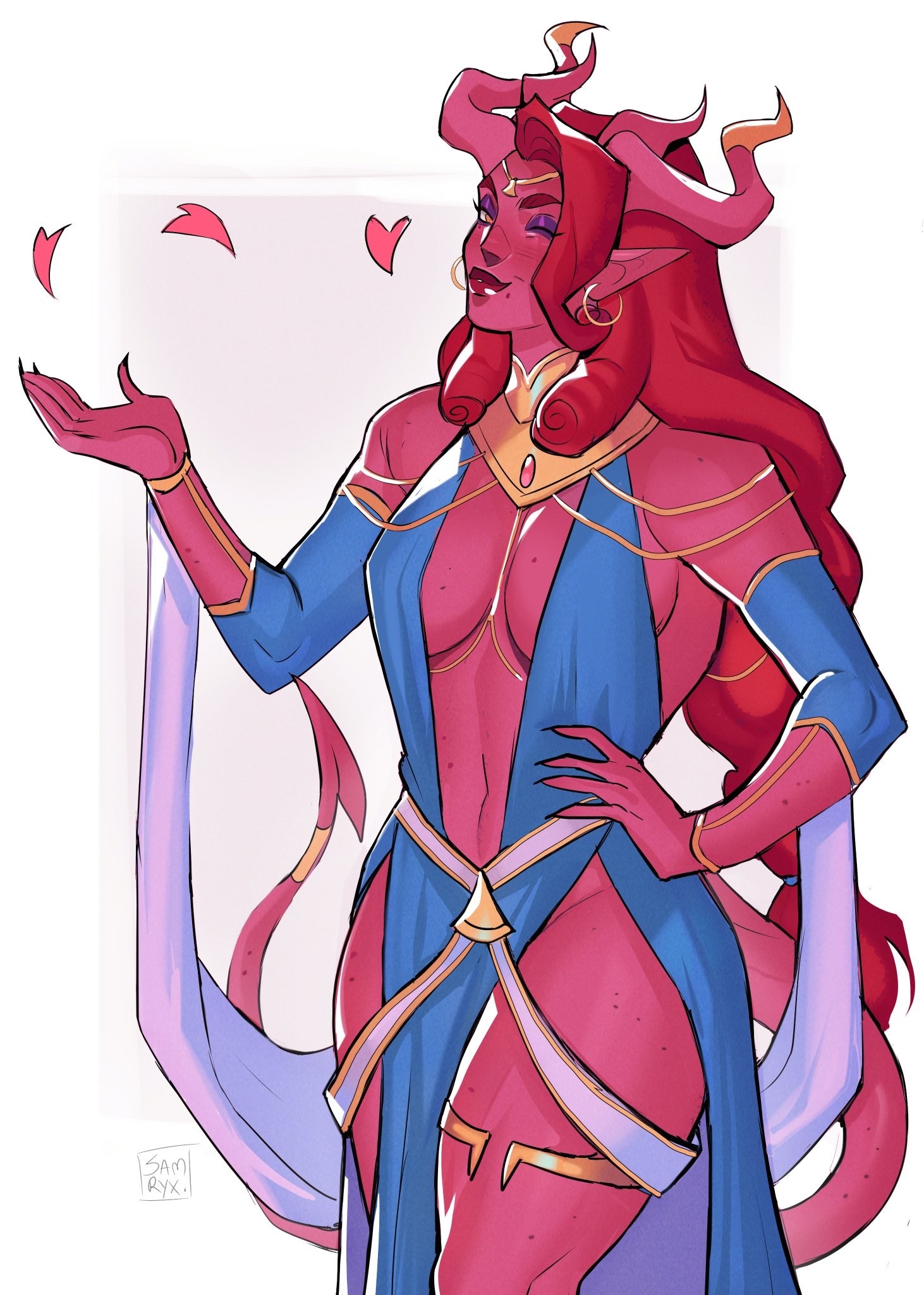 samjyx, critical role, dungeons & dragons, dungeons & dragons, commentary, english commentary, highres, 1girl, artist name, breasts, eyeshadow, freckles, hand on own hip, hand up, horns, jewelry, lipstick, long hair, low-tied long hair, makeup, marion lavorre, medium breasts, mole, mole under mouth, one eye closed, petals, pointy ears, red hair, red horns, red lips, revealing clothes, solo, tail, the mighty nein, thighlet, white background