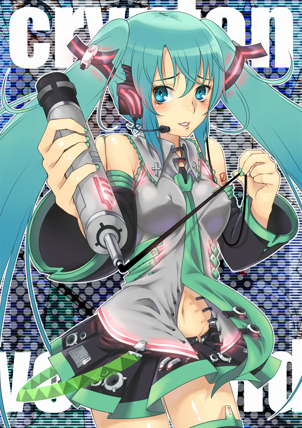 liminarity, hatsune miku, vocaloid, 1girl, aqua eyes, aqua hair, breasts, covered erect nipples, detached sleeves, female focus, headphones, headset, long hair, microphone, midriff, necktie, skirt, smile, solo, thighhighs, twintails, zettai ryouiki
