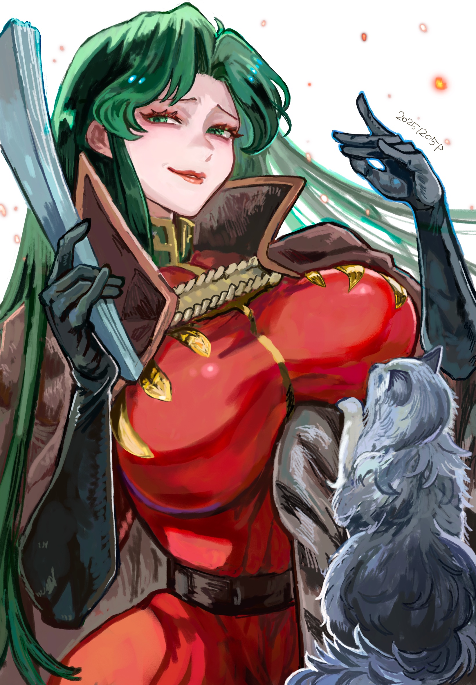 okrdisk2000, cima garahau, gundam, gundam 0083, commentary, english commentary, highres, 1girl, black gloves, breasts, dated, gloves, green eyes, green hair, hand fan, holding, holding fan, large breasts, long hair, looking at viewer, military uniform, sketch, smile, very long hair, white background, zeon