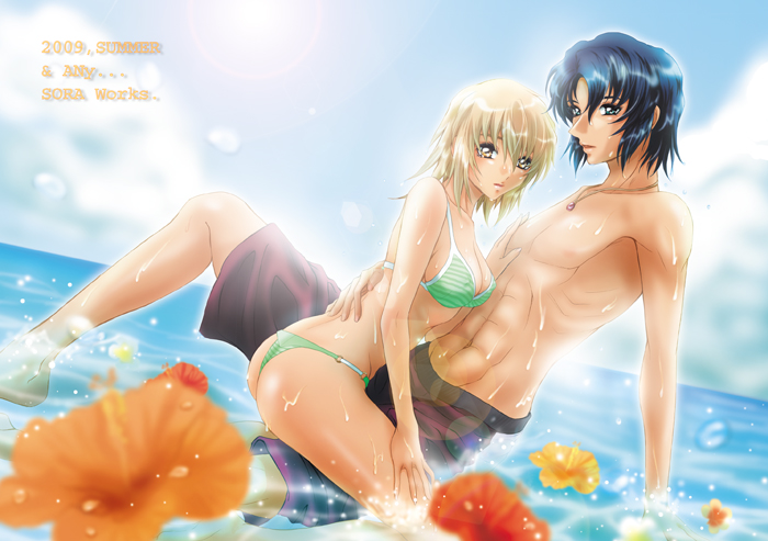 sora (&any), athrun zala, cagalli yula athha, gundam, gundam seed, 00s, 1boy, 1girl, bikini, blonde hair, blue eyes, blue hair, day, dutch angle, flower, hibiscus, muscular, ribs, short hair, shorts, swimsuit, thong bikini, wet, yellow eyes