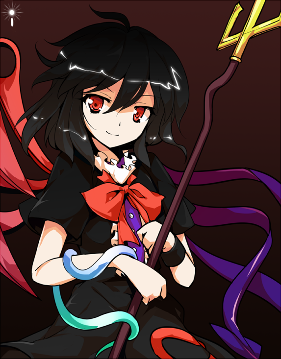 ideolo, houjuu nue, touhou, 1girl, alphes (style), black hair, dress, female focus, parody, polearm, red eyes, short hair, snake, solo, spear, style parody, trident, weapon, wings