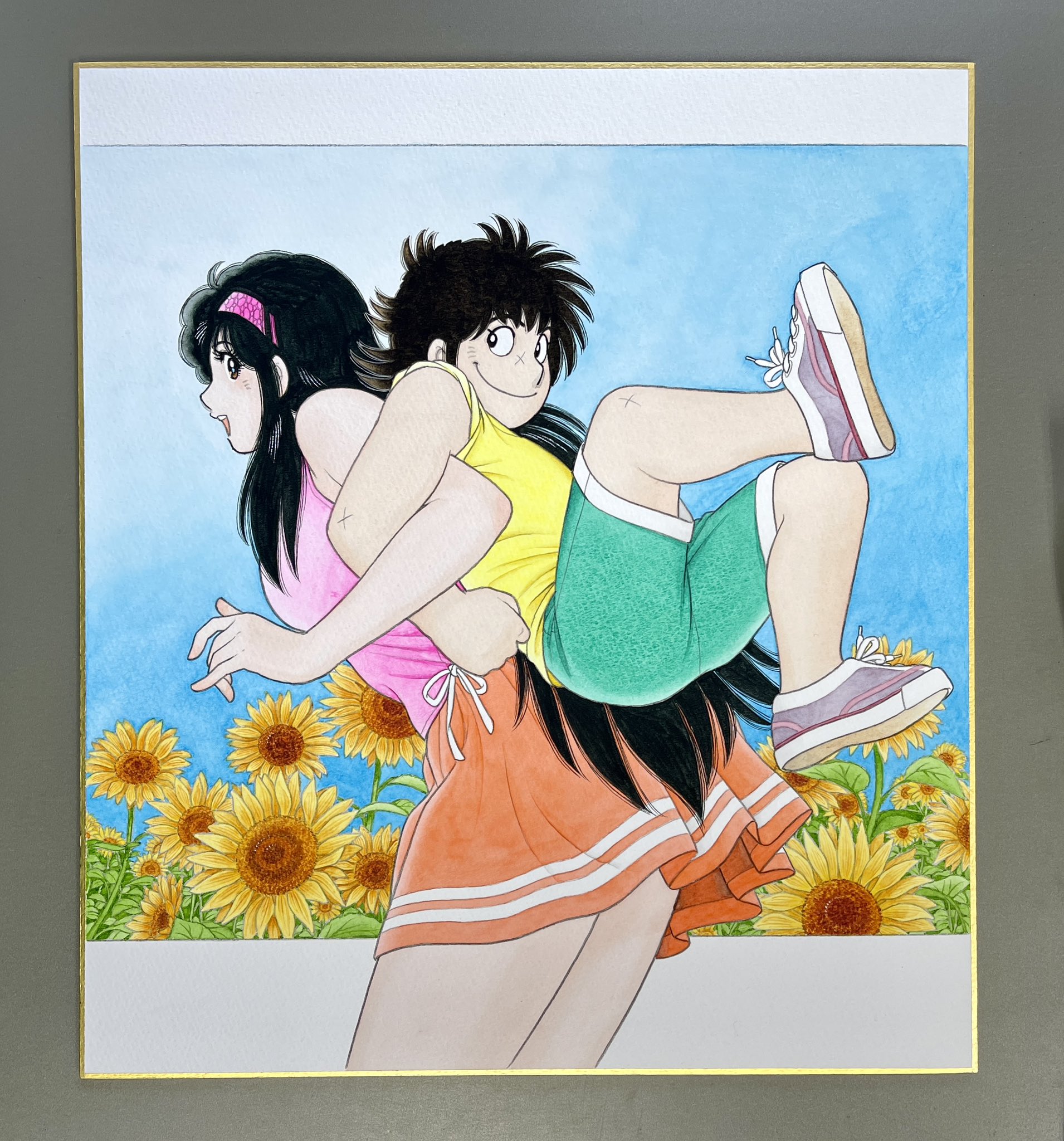 miura mitsuru, asaoka natsumi, the kabocha wine, commentary request, highres, traditional media, 1boy, 1girl, aoba shunsuke, aqua shorts, assisted stretching, back-to-back, black eyes, black hair, blue sky, brown eyes, closed mouth, field, flower, flower field, grey shoes, hairband, height difference, letterboxed, locked arms, long hair, looking at another, looking back, miniskirt, official artist extra, open mouth, orange skirt, outdoors, outside border, pink hairband, pink shirt, shirt, shoes, short hair, shorts, skirt, sky, sleeveless, sleeveless shirt, smile, sneakers, sunflower, sunflower field, tall female, thighs, yellow flower, yellow shirt
