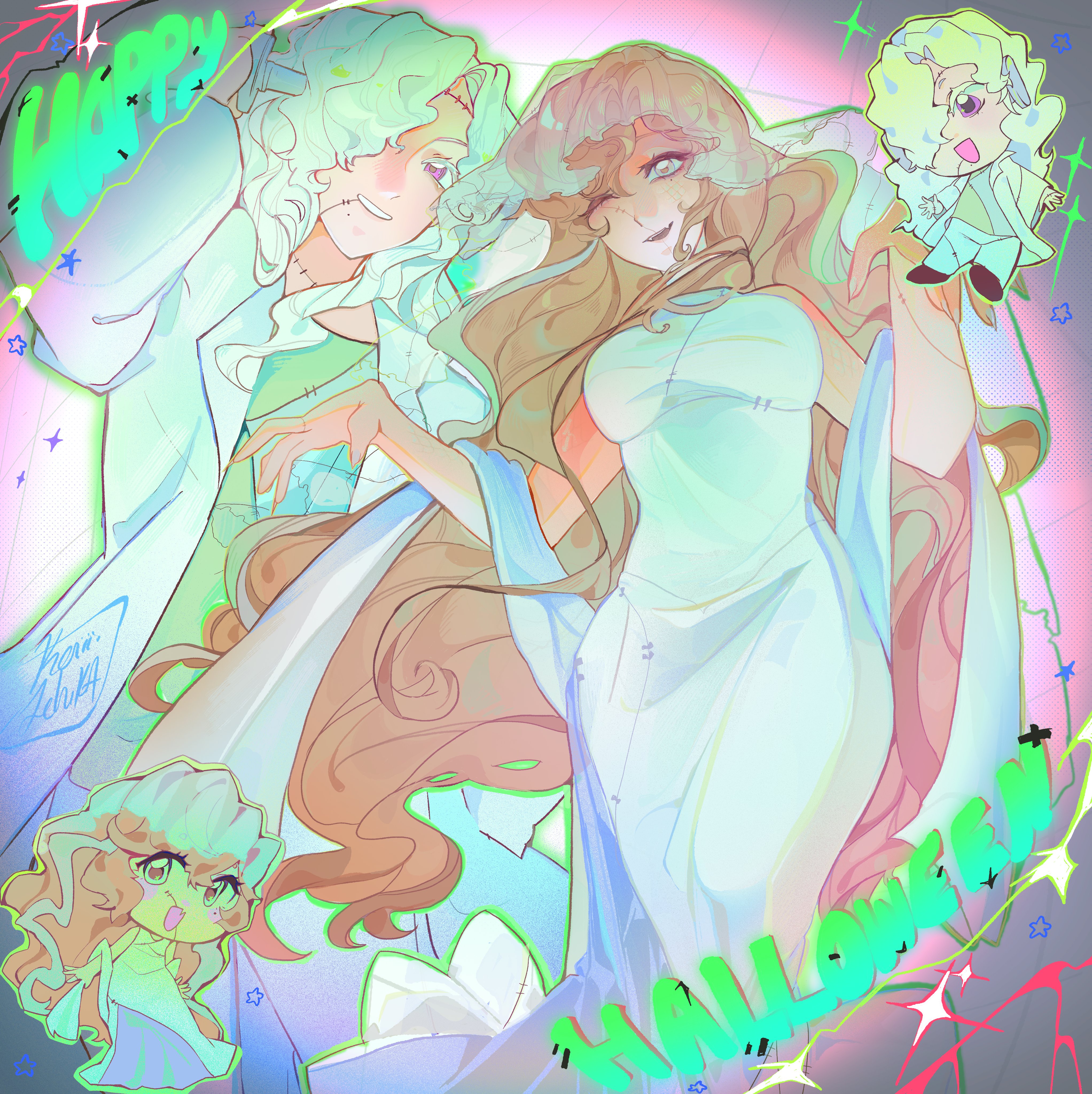 vila (reverse:1999), windsong (reverse:1999), reverse:1999, absurdres, commentary, english commentary, highres, ;d, alternate costume, arm up, blonde hair, blue eyes, breasts, chibi, coat, dress, english text, fangs, feet out of frame, grin, hair over one eye, happy halloween, koiii (ichikakoiii), lab coat, long dress, long hair, one eye closed, one eye covered, open mouth, pants, patchwork clothes, purple eyes, shawl, side-by-side, skin fangs, sleeveless, sleeveless dress, smile, sparkle, stitched face, stitches, veil, white coat, white dress, white hair, white pants, white shawl, white veil