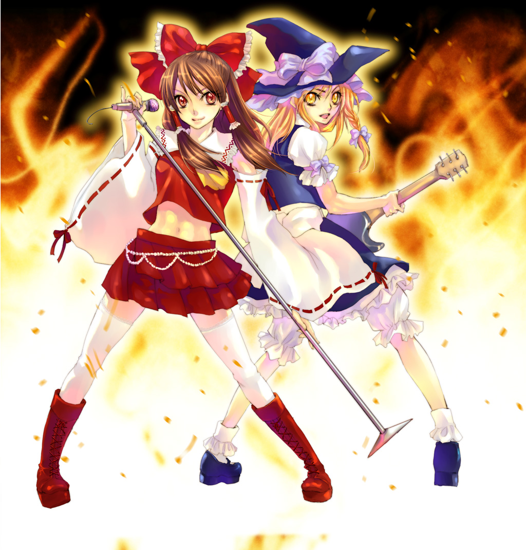 undead redstar, hakurei reimu, kirisame marisa, touhou, bad id, bad pixiv id, 2girls, blonde hair, boots, bow, braid, brown hair, detached sleeves, female focus, guitar, hat, instrument, japanese clothes, microphone, microphone stand, miko, multiple girls, red eyes, short hair, thighhighs, witch, witch hat, yellow eyes