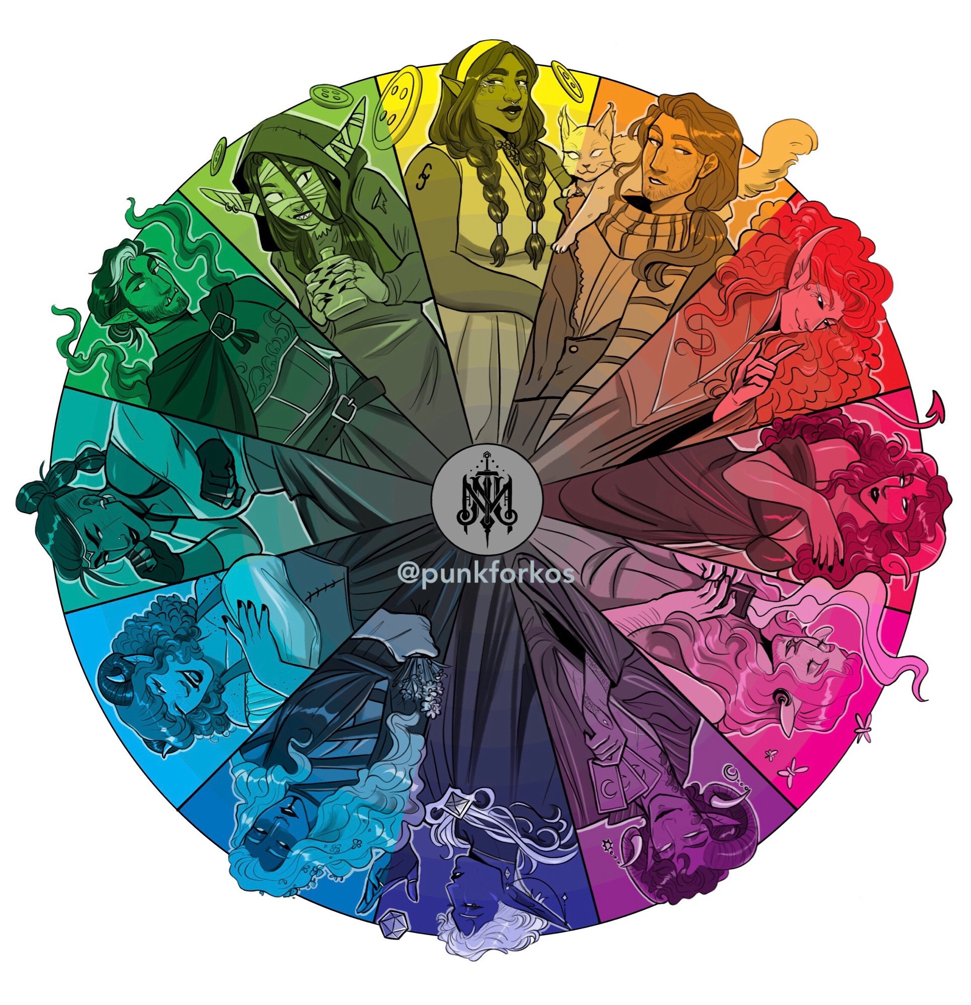 beauregard lionett, caduceus clay, caleb widogast, jester lavorre, mollymauk tealeaf, nott the brave, tiefling, yasha nydoorin, critical role, dungeons & dragons, dungeons & dragons, commentary, english commentary, highres, animal, animal on shoulder, arm tattoo, artist name, breasts, card, cat, cleavage, color wheel, curled horns, curly hair, dress, elf, essek thelyss, fangs, fingerless gloves, fjord stone, flask, frumpkin (critical role), gloves, hairband, hand up, holding, holding card, hood, horns, lipstick, long hair, makeup, marion lavorre, pink hair, pointy ears, ponytail, punkforkos, red hair, robe, scarf, tattoo, the mighty nein, veth brenatto, white background, yellow hairband