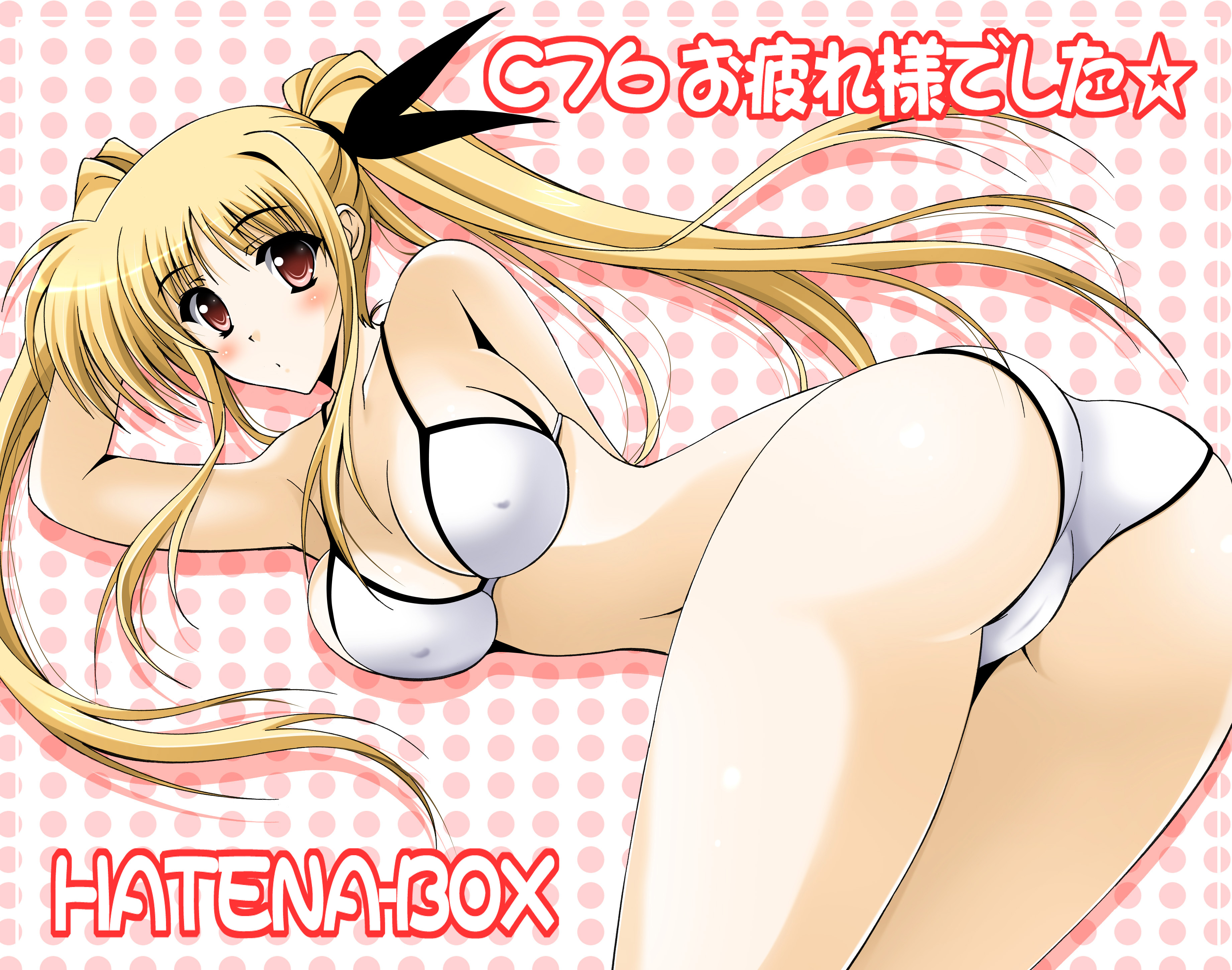 oda ken'ichi, fate testarossa, lyrical nanoha, mahou shoujo lyrical nanoha, mahou shoujo lyrical nanoha strikers, absurdres, highres, 00s, 1girl, ass, bent over, bikini, blonde hair, breasts, covered erect nipples, female focus, huge ass, large breasts, looking back, red eyes, solo, swimsuit, twintails, white bikini